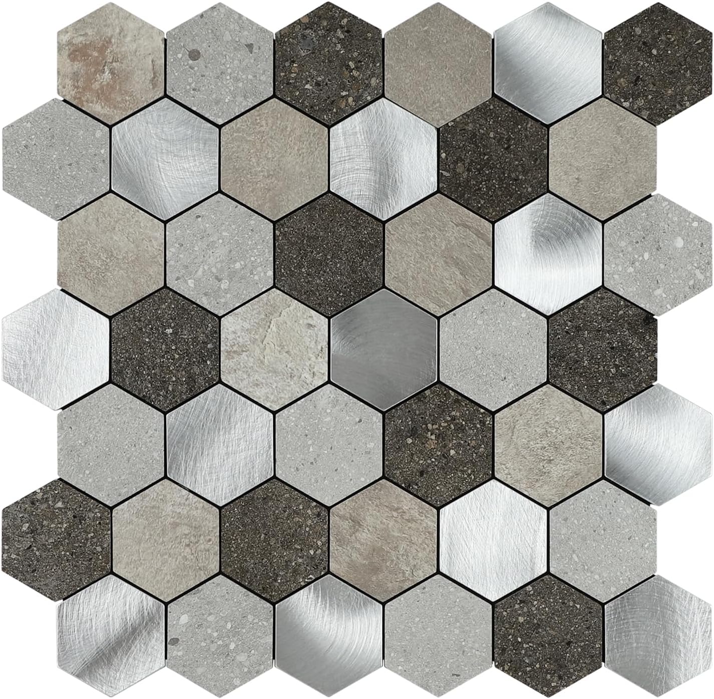 Hexagon Peel and Stick Backsplash, Self Adhesive Honeycomb Copper Taupe Stone Look PVC Mixed Brushed Metal Stick on Mosaic Wall Tiles for Kitchen Bathroom (6 Sheets, 11.3" x 11.5")
