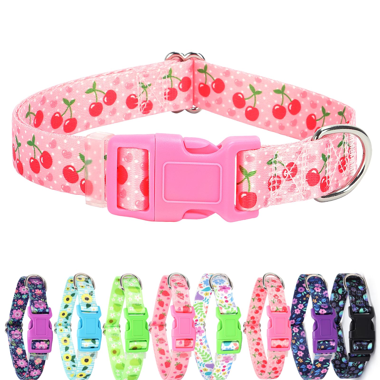 ONEFOJOJO Pink Dog Collar，Cute Cherry Style Dog Collar for Large Dogs,Soft Nylon Puppy Collar for Boy and Girl Female Dog，Adjustable Heavy-Duty Pet