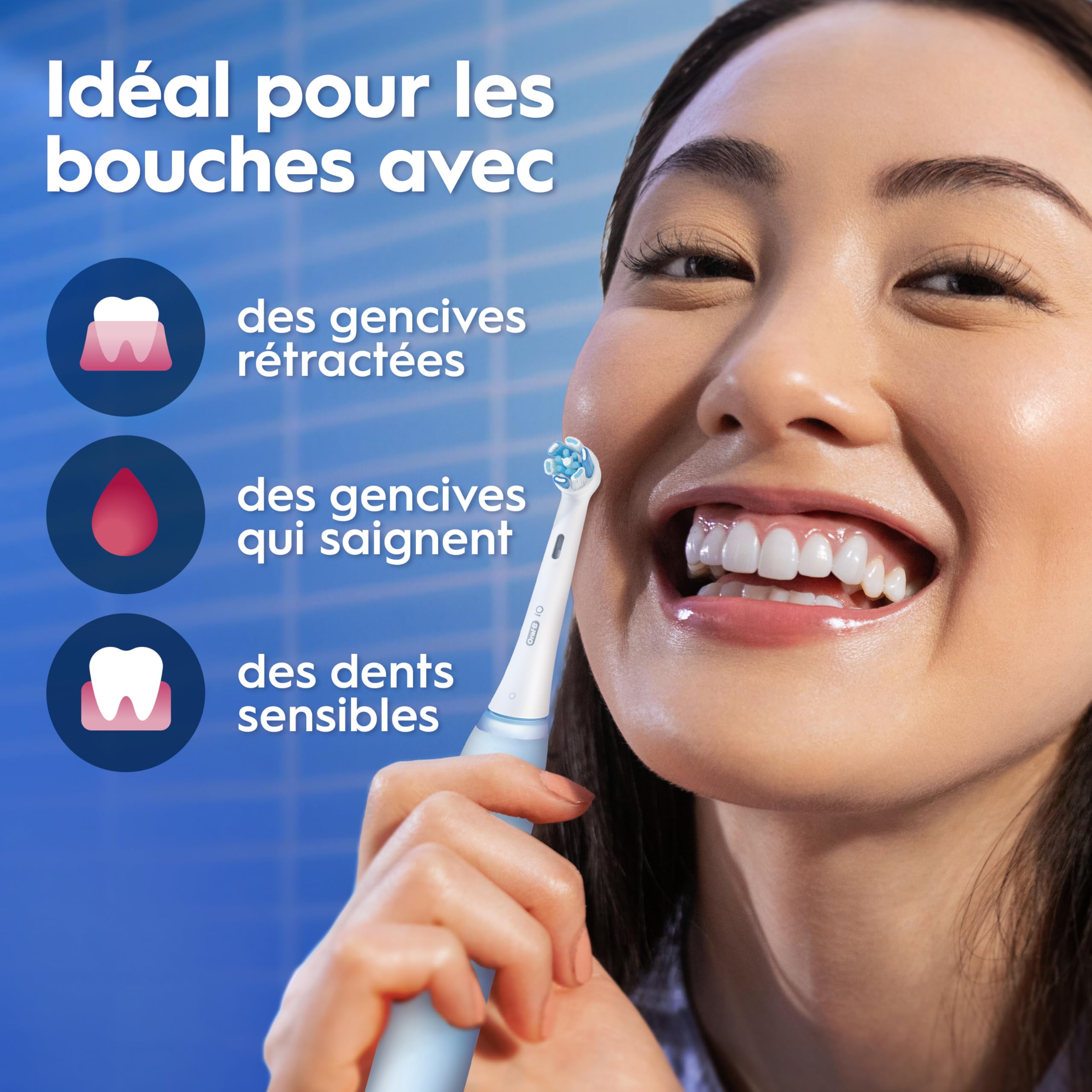 Oral-B Brosse à Dents Electrique iO 3 avec 3 Brossettes de Rechange, Bleue – 3 Modes de Brossage Silencieux dont Douceur et Blancheur, Capteur de Pression sur les Gencives, Batterie Rechargeable