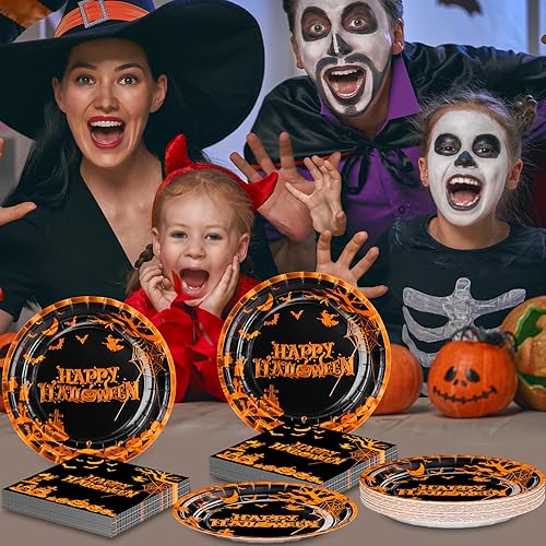 Miniatura 4 de DYLIVeS Platos y servilletas de Halloween, suministros para fiesta, platos y servilletas de calabaza de Halloween, cementerio, murciélagos y