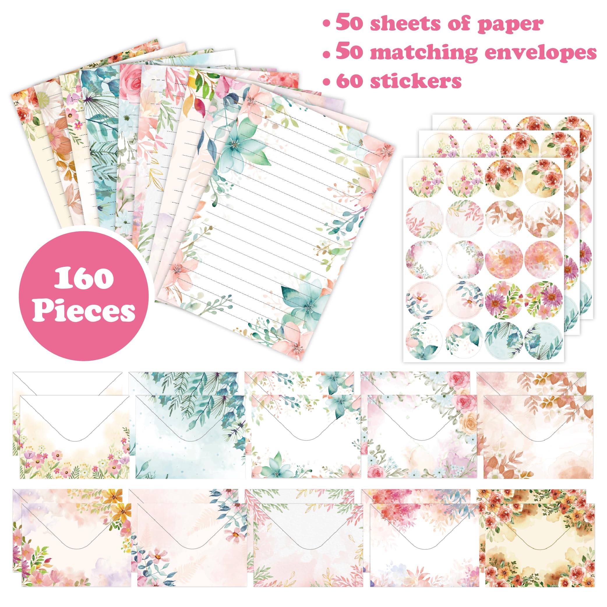 Briefpapier-Umschläge-Set, 160 Stück, 50 linierte Briefpapier, 50 Umschläge, 60 Punkt-Aufkleber, Vintage/Blumen/Blatt/Aquarell, verschiedene Stile (Schreibwaren, 160 Stück, Floral)
