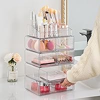 Vista 7 de Vtopmart Organizador de maquillaje de 5 niveles transparente con cajón, almacenamiento de cosméticos para tocador y encimera de baño, soporte