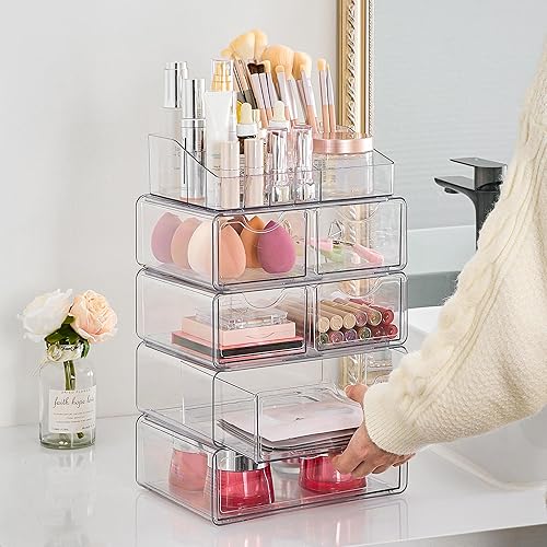 Miniatura 7 de Vtopmart Organizador de maquillaje transparente de 5 niveles con cajón, almacenamiento de cosméticos para tocador y tocador de baño, soporte de