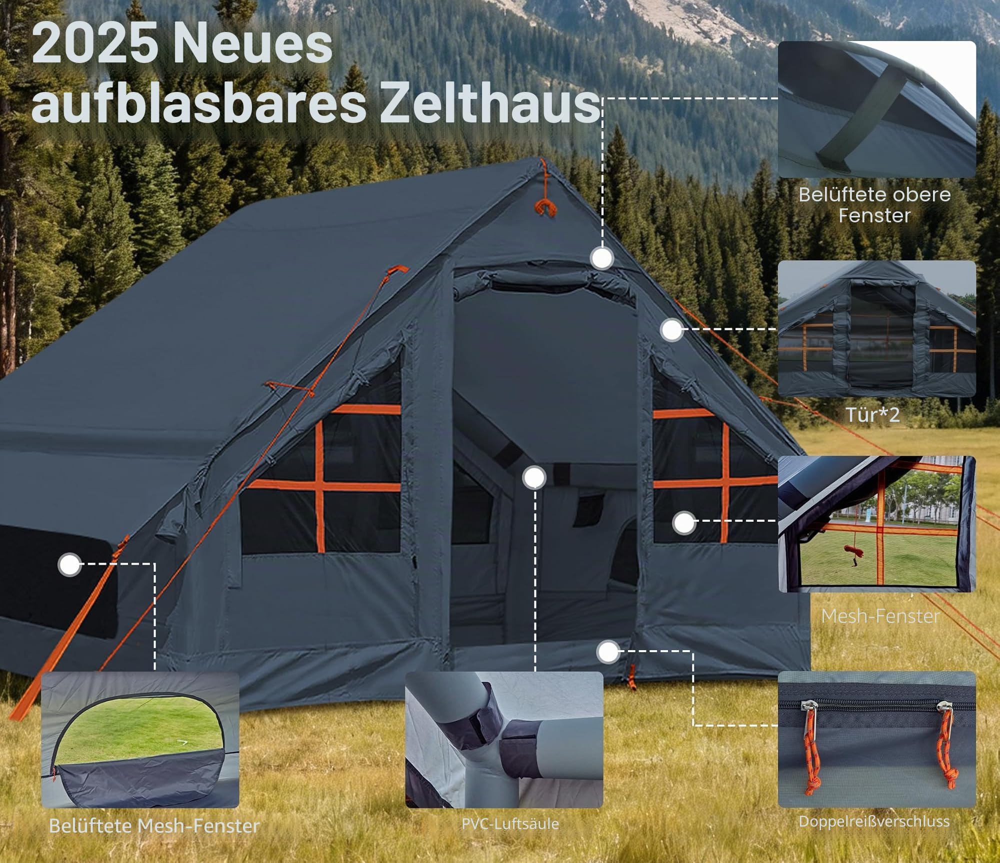 SHANQUAN Aufblasbare Zelte für Camping mit Ofenanschluss, 2/4/6/8 Personen, einfach aufzubauende aufblasbare Zelte für alle Jahreszeiten, wasserdichtes aufblasbares Warmzelt, Air-Glamping-Zelt