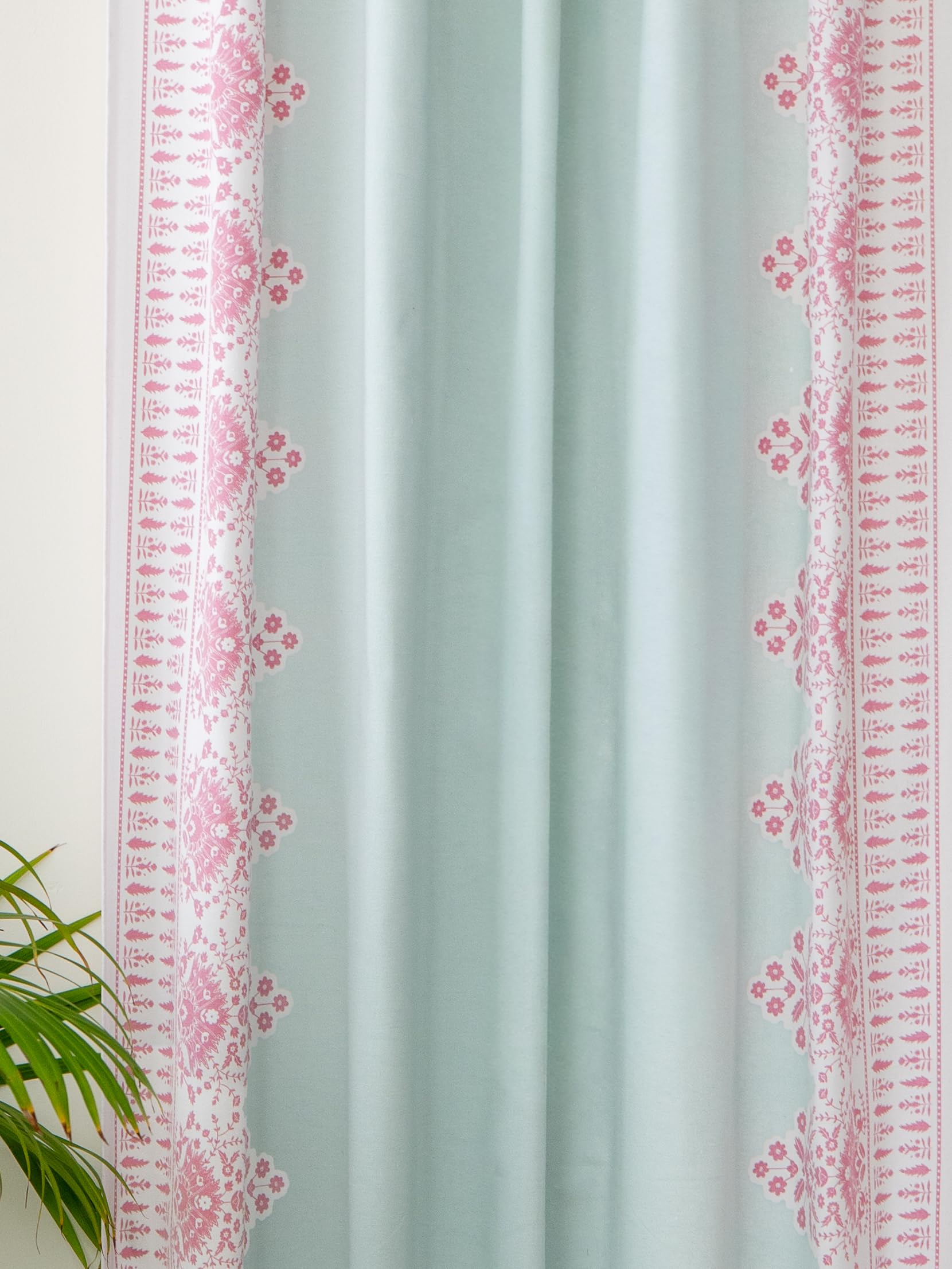 Tranquebar Curtain Co. Cotton Curtains 7 Feet Long Set of 2,60-65% Room Darkening,Green-Pink Floral Print,Door Curtains 7 Feet Set of 2,Door Curtains 7 Feet Set of 2,BackTabs, Zia (213 cm) - Set of 2