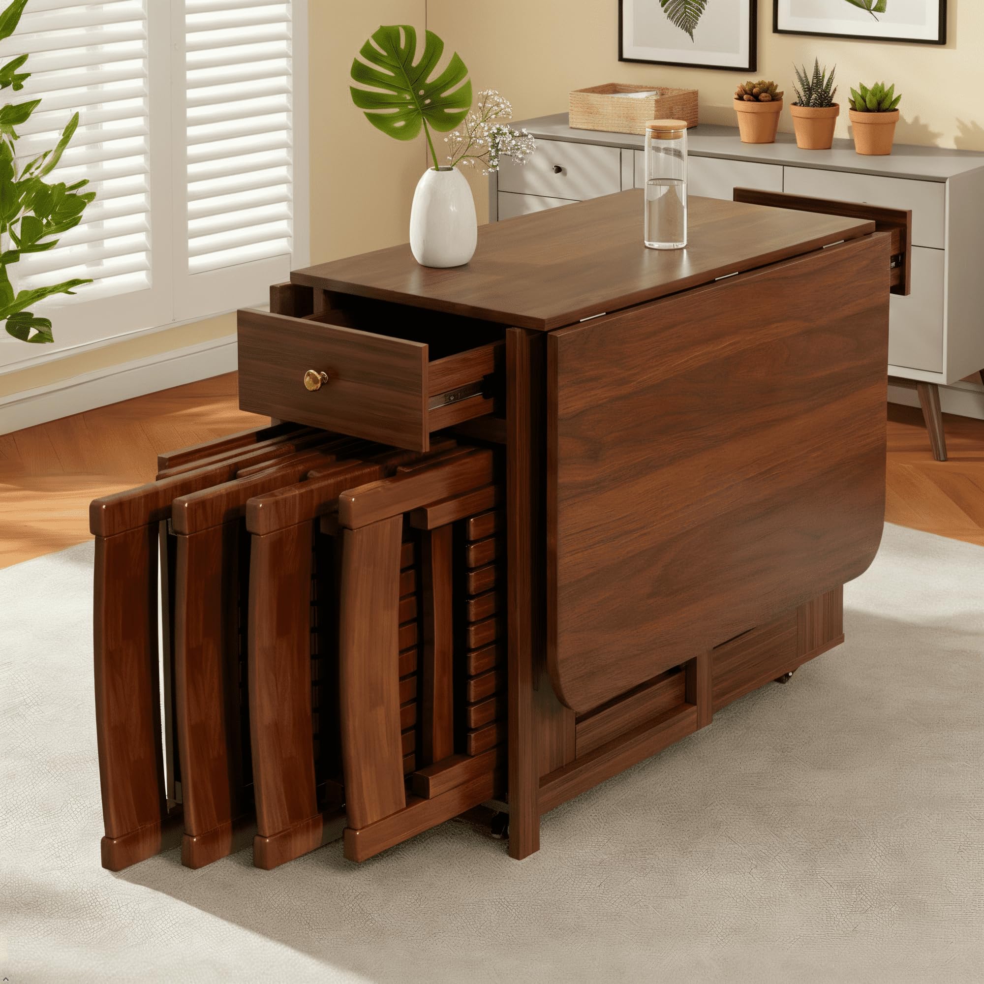 Drop Leaf Table and Chairs - 51" Fully Assembled Folding Dining Table 4-6 Seater with Storage and Lockable Wheels, Space-Saving Set with 4 Chairs for Kitchen or Dining Room (Walnut)