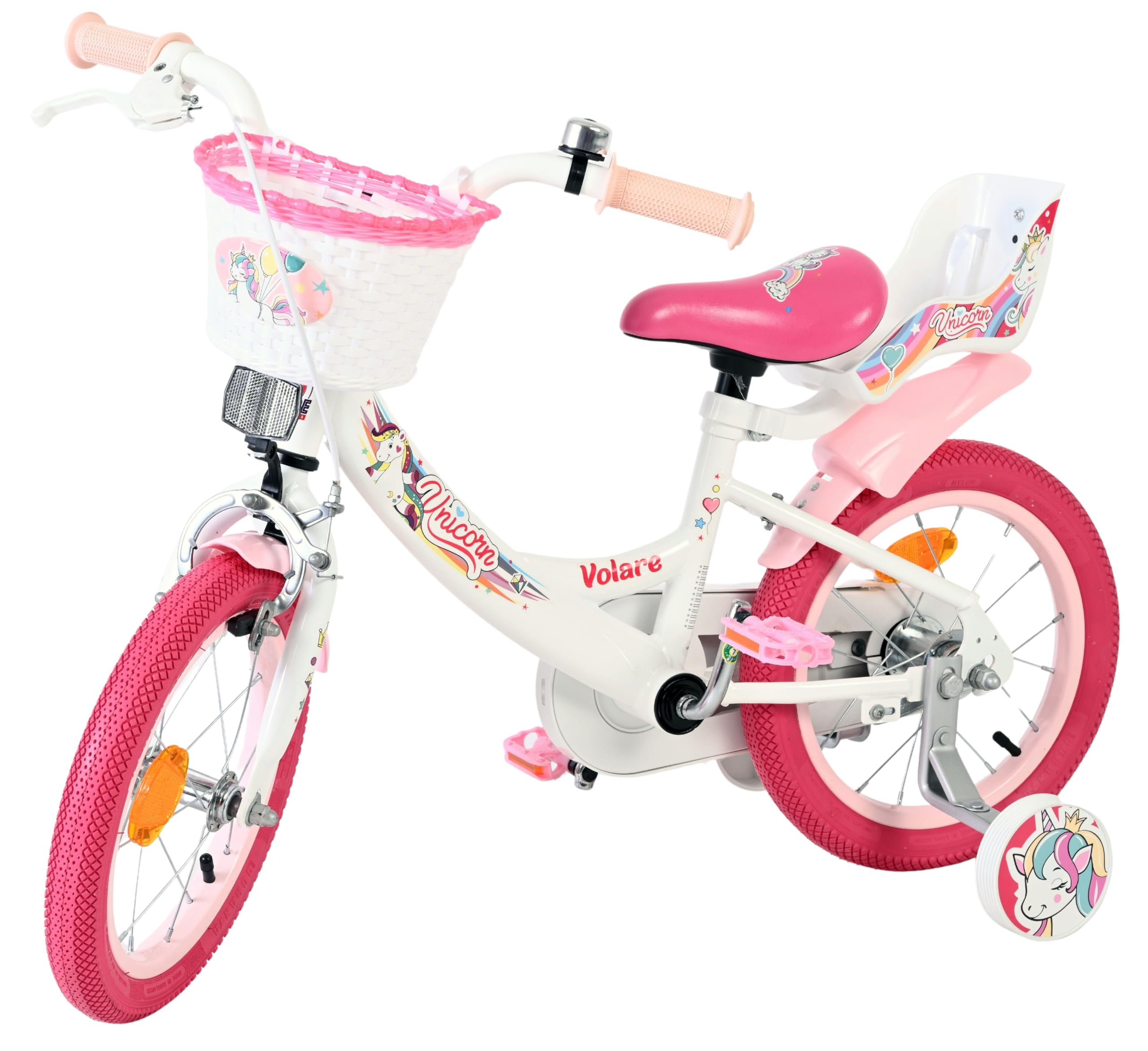 Volare Einhorn Kinderfahrrad Wit | 3,5–5 Jahre | 14-Zoll-Räder | 2 Handbremsen | Stützräder | Verstellbarer Sattel | Puppensitz Achter & Korb voor | Geschenk voor meisjes
