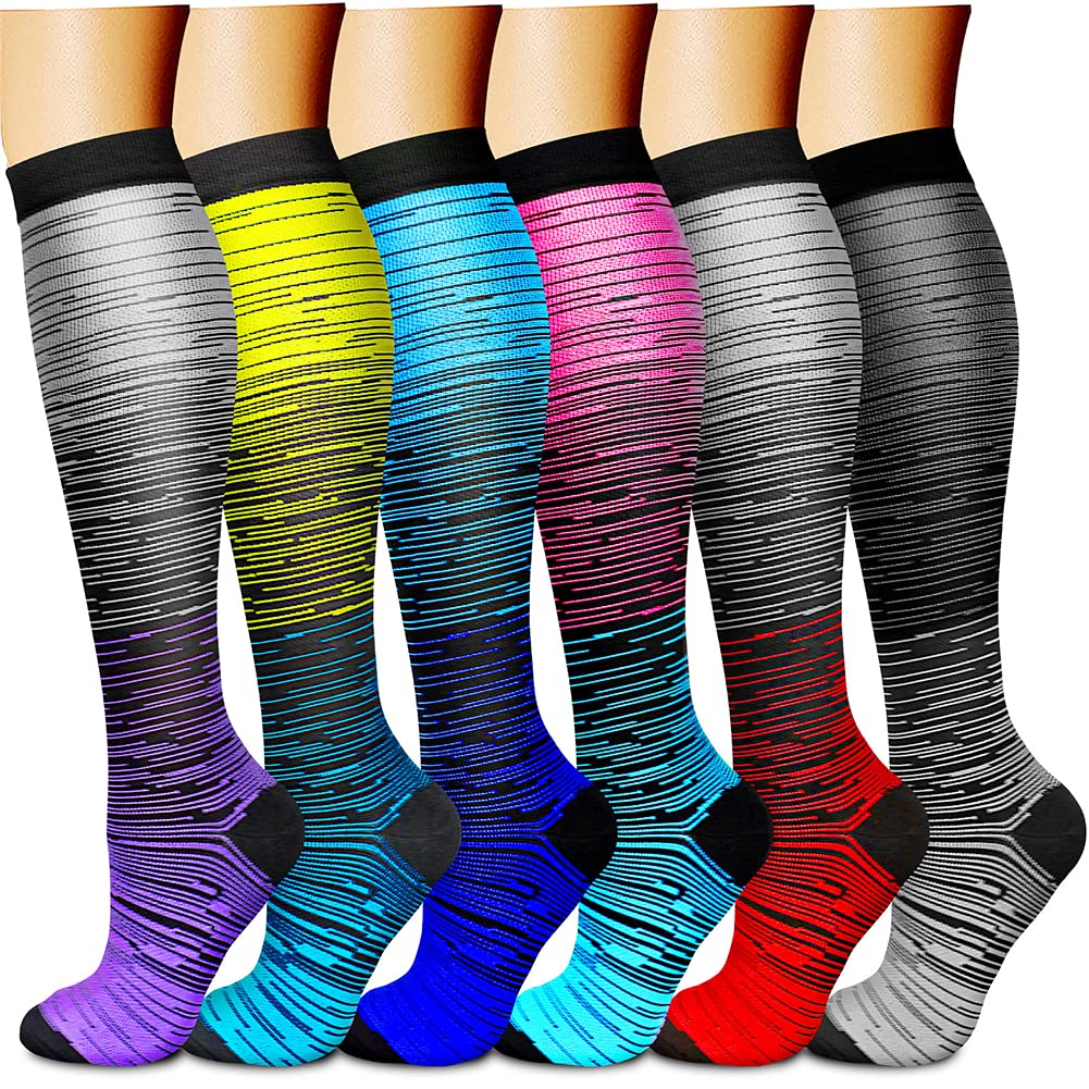 CHARMKING6 Pairs-Compression Socks for Women & Men Circulation Best Support for Nurses, Running, Athletic,Flight Travel (Multi 07,S/M)