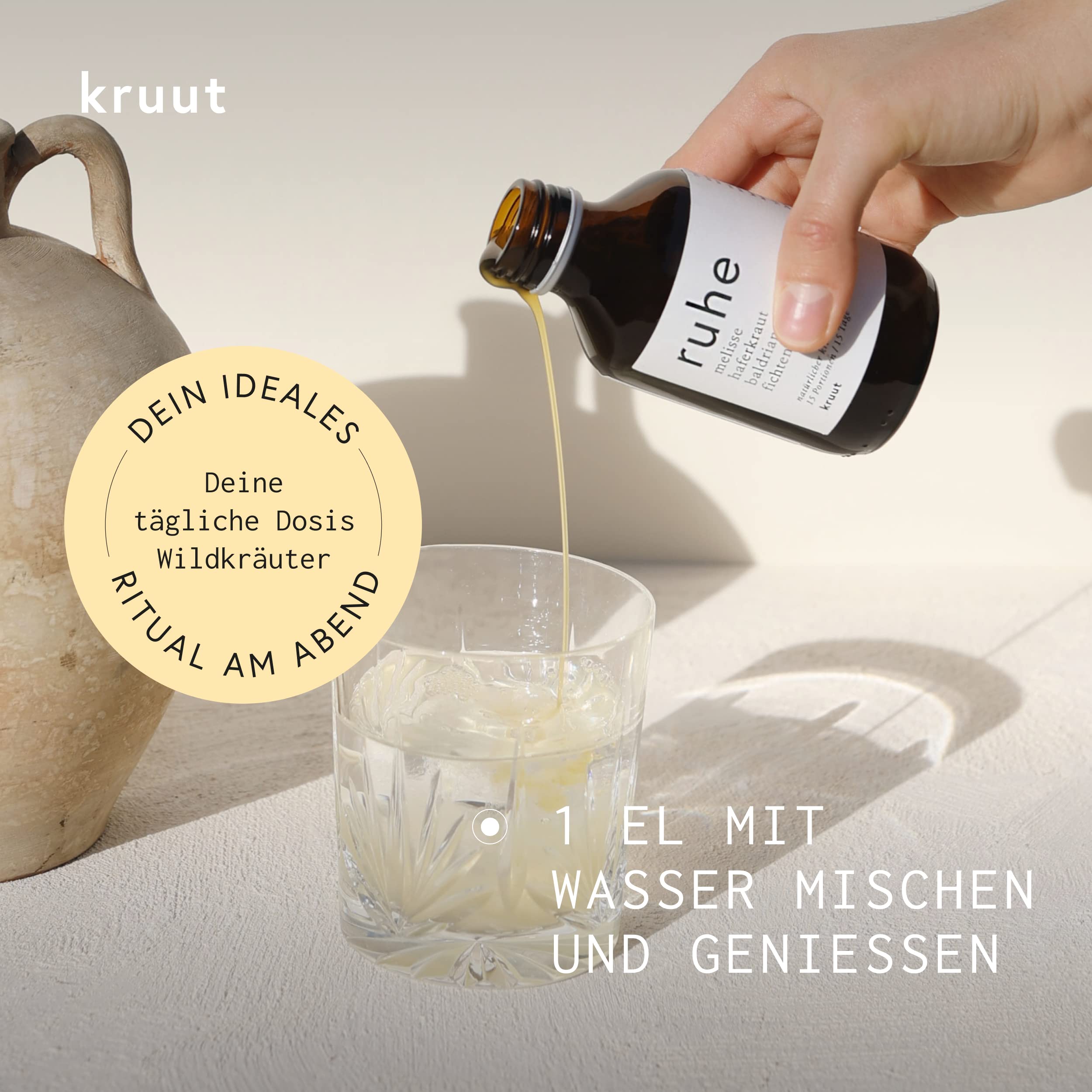 Kruut – Ruhe Kräuterauszug bio 500ml – Elixier aus Wildpflanzen Melisse, Baldrianwurzel, Haferkraut, Fichtentriebe – Oxymel Tinktur Kräuterdrink Sirup Kur Genuss zum Einschlafen & Entspannung am Abend