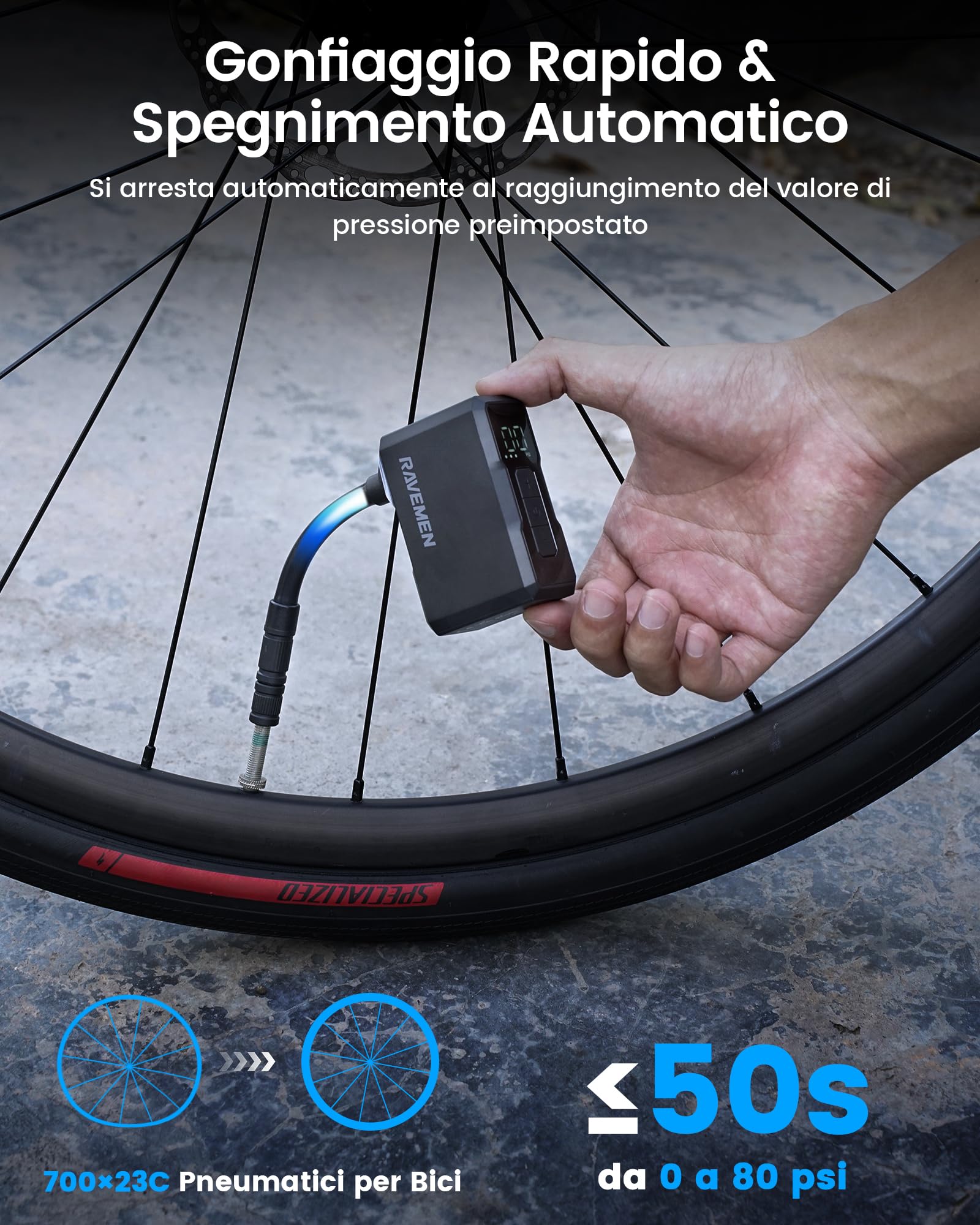 RAVEMEN EP01 Mini Pompa Elettrica per Bicicletta, Massima 120 PSI con manometro Portatile Pompa Arresto Automatico, Compatibile con Presta e Schrader Valvole per Bici da Strada e MTB, E-BIKE