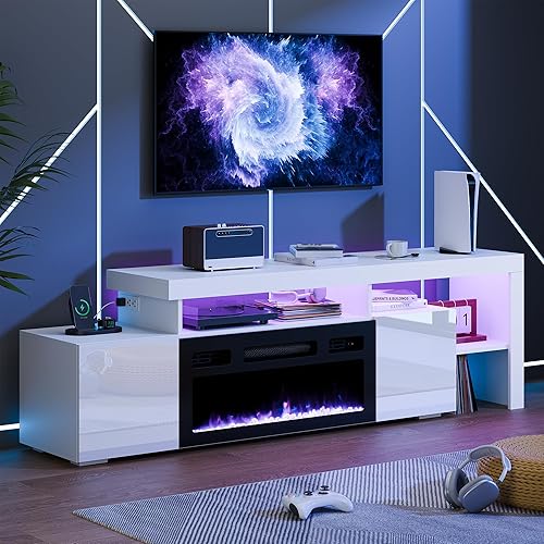 Cozy Castle 73.2 Inch Fireplace TV Stand with Storage,30" Electric Fireplace,LED Entertainment Center Tv Console for 65 70 80"Tv,High Gloss Modern Tv Stand with Charging Station for Living Room,White