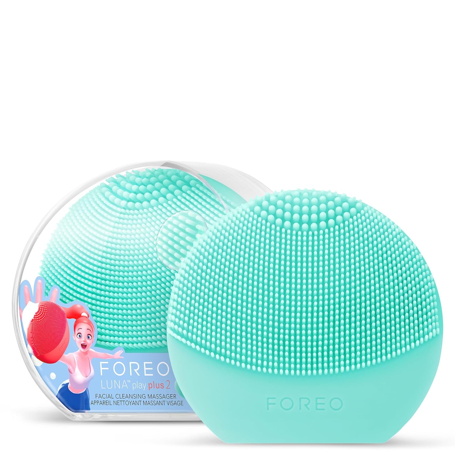 FOREO LUNA play plus 2 facial cleansing brush in Minty Cool color, shown with its clear plastic packaging.