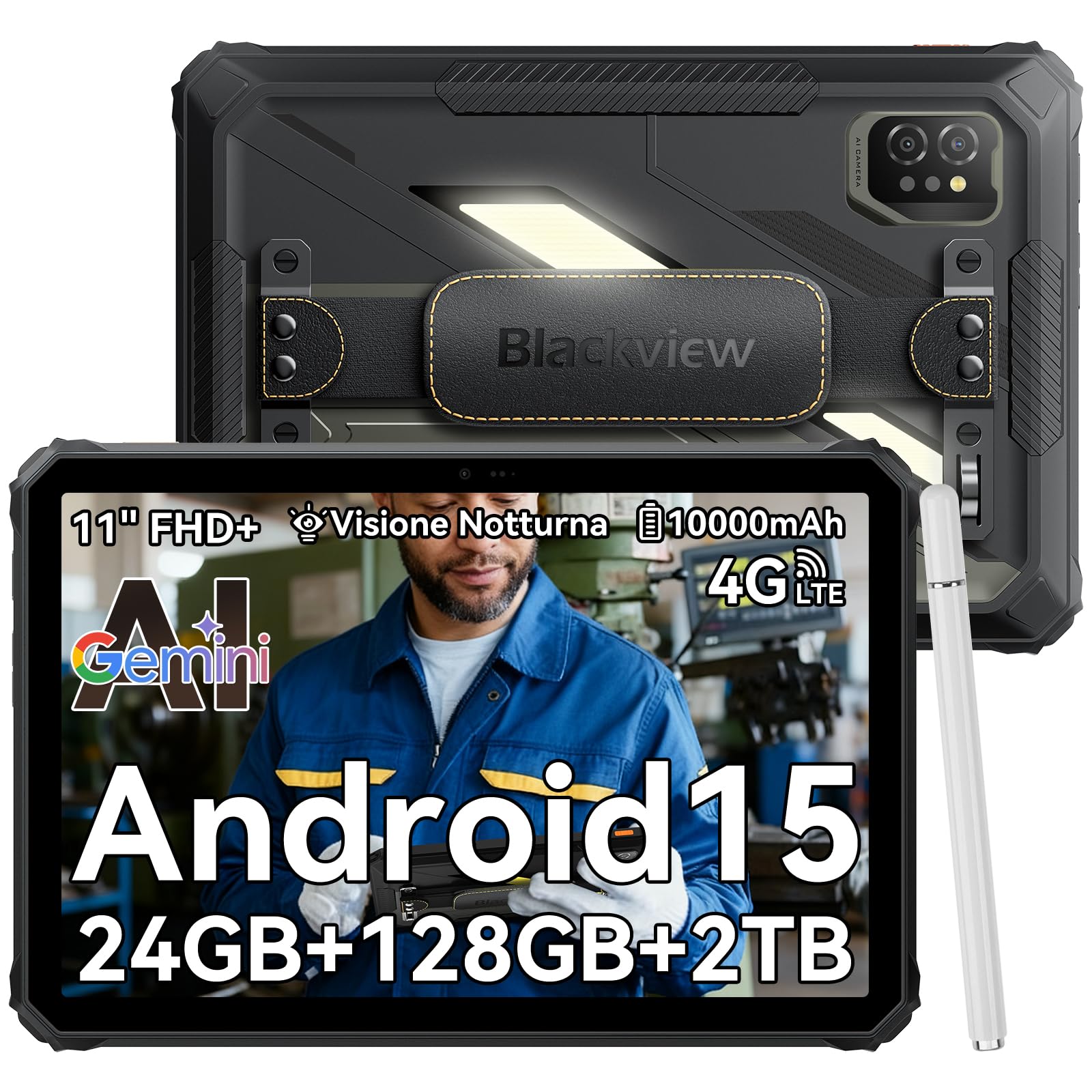 Blackview Active 7 Tablet Rugged 11 Pollici FHD+ Android 15 GeminiAI/20MP Visione Notturna/Luce Campeggio/Dual 4G Rugged Tablet PC 24 GB RAM+128 GB ROM+2 TB TF NFC/GPS/10000mAh/45W/OTG/con Penna Stilo