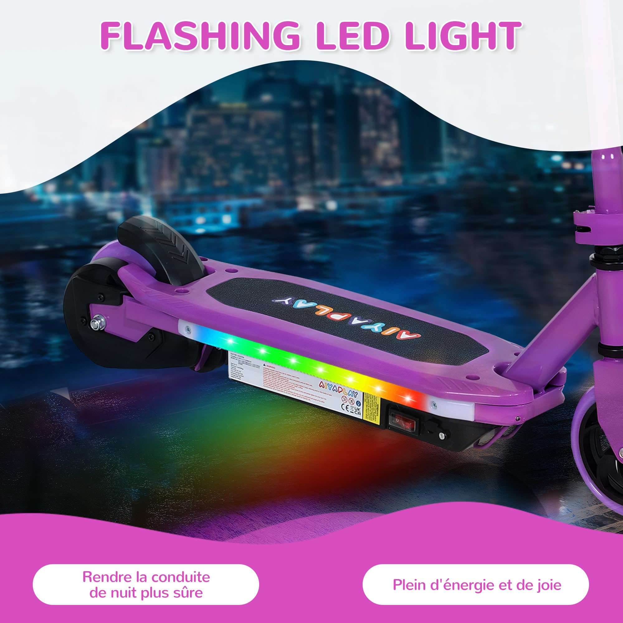 AIYAPLAY Trottinette Électrique pour Enfants 6-14 Ans 10 km/h | Lumières LED Colorées, Frein Électrique, Autonomie 8 km