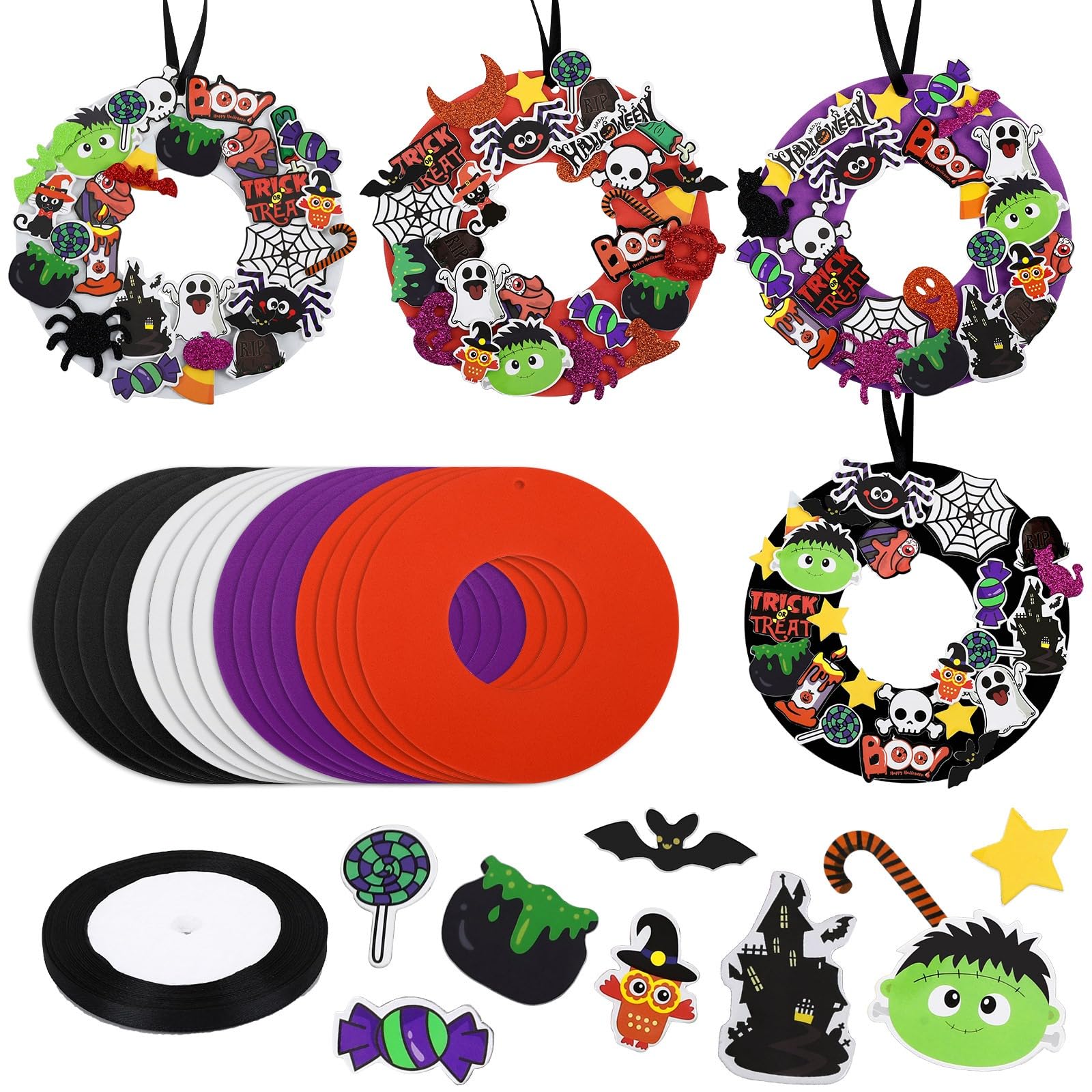 SEPGLITTER 16Pcs DIY Halloween Foam Wreath Craft Kits with Stickers
