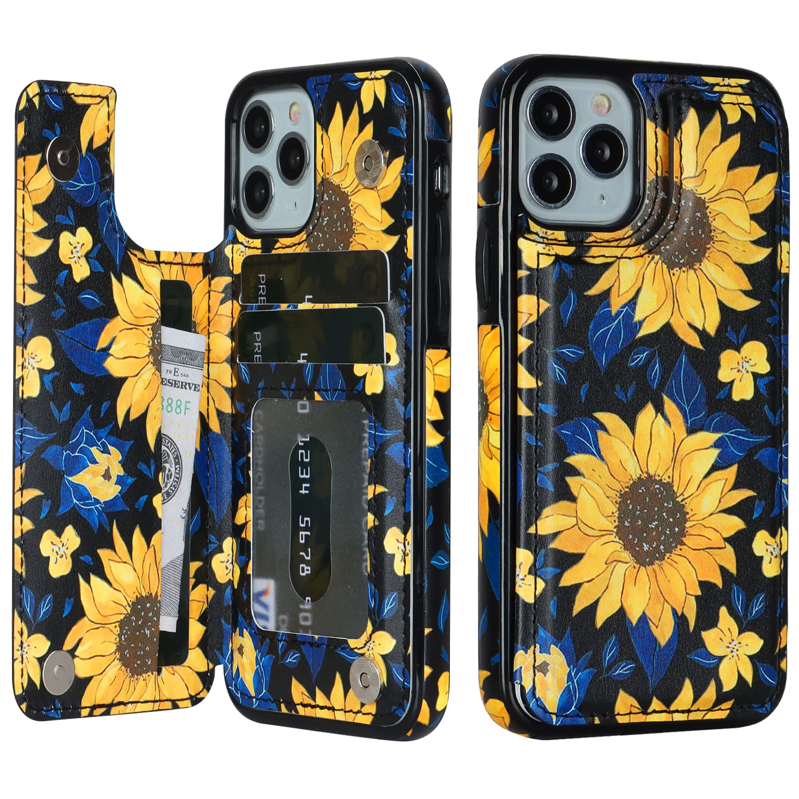 HAOPINSH for iPhone 11 Pro Wallet Case with Card Holder, Blooming Sunflowers Pattern Back Flip PU Leather Kickstand Card Slots Case for Women Girls,
