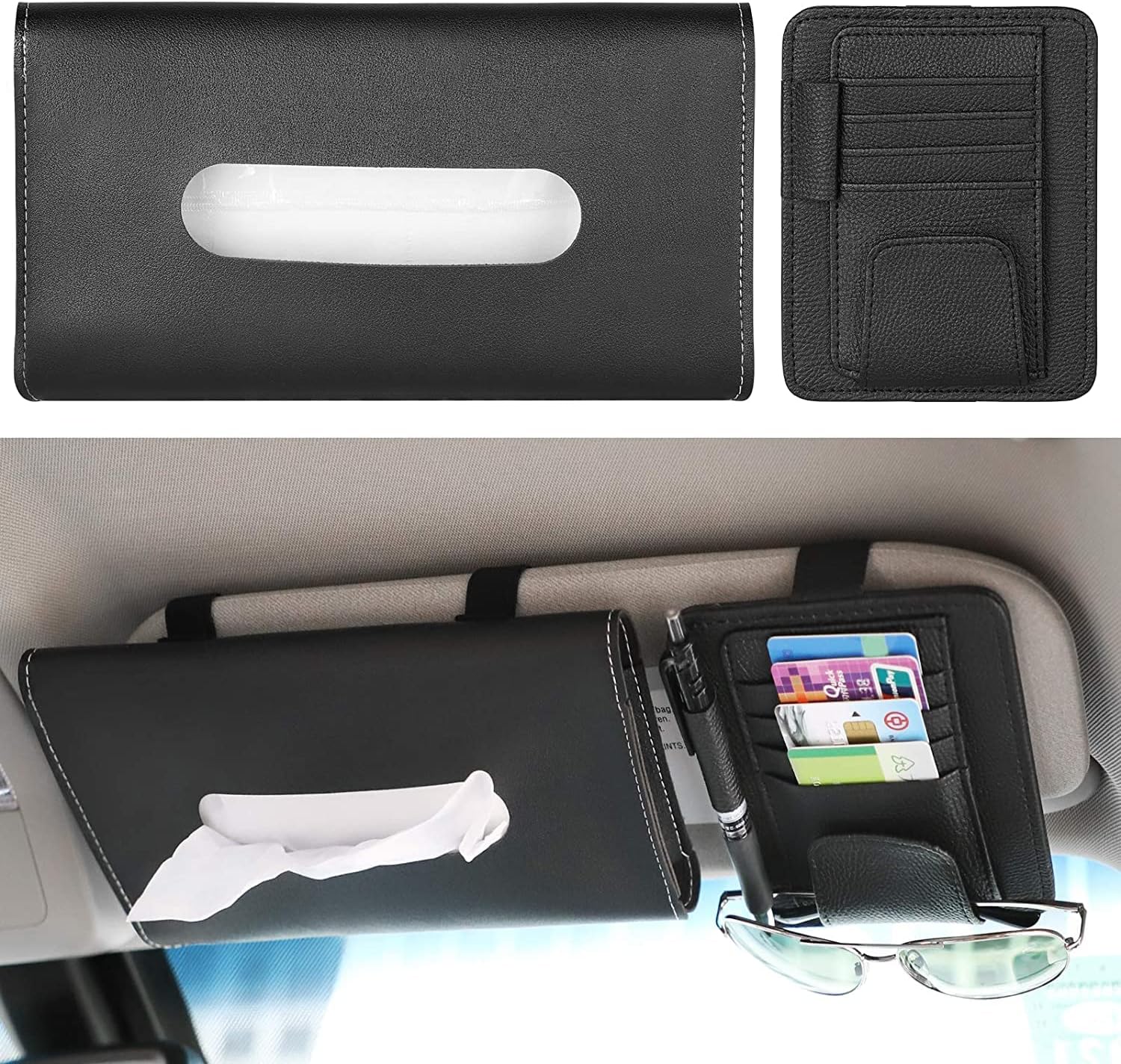Car Tissue Holder Organizer (Black) – Compact PU Leather Tissue Box Holder for Car Sun Visor, Seatback or Dashboard – Car Accessories Interior Tissue Box Case