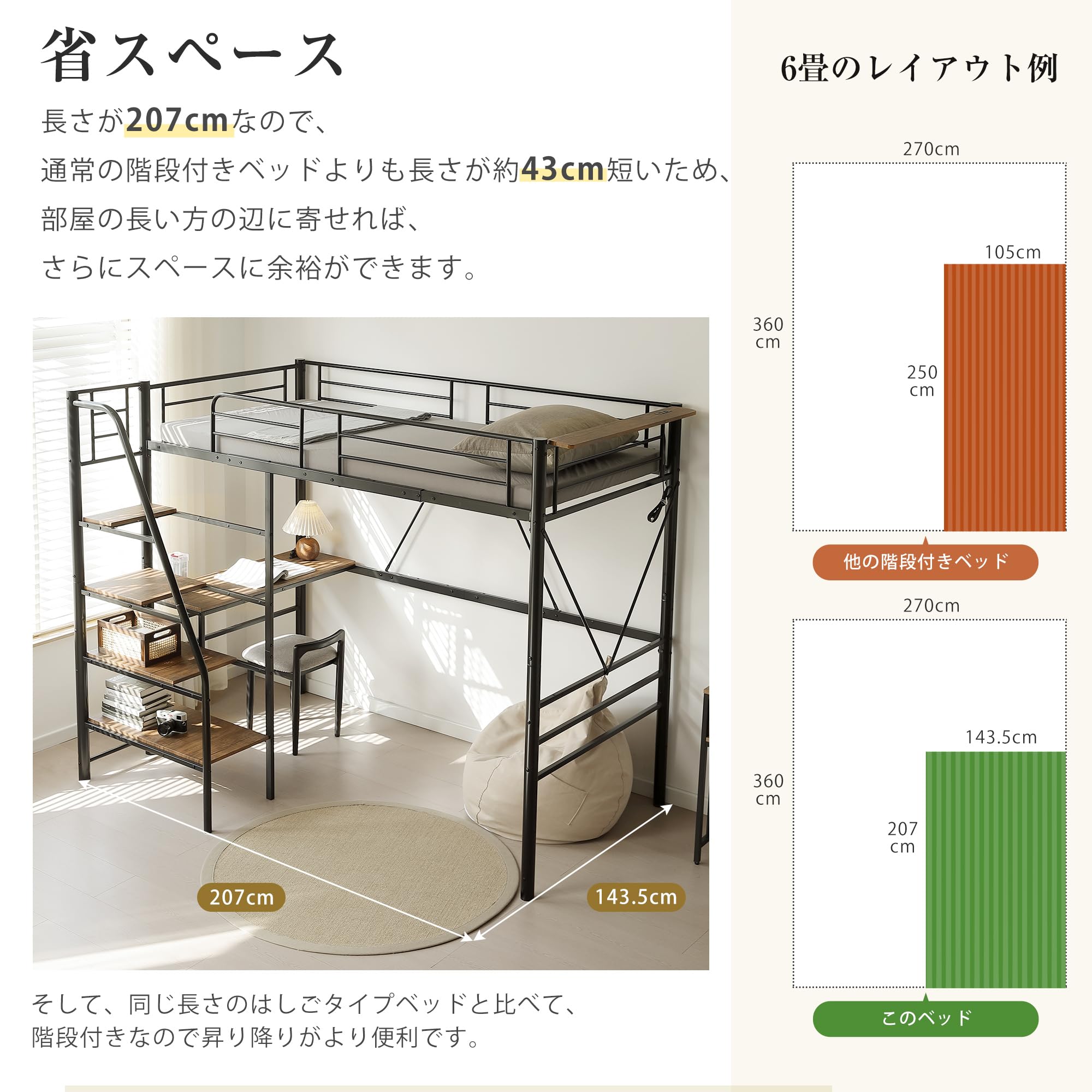 Amazon｜SCHGKOY ロフトベッド 階段付き シングル ハイタイプ パイプ