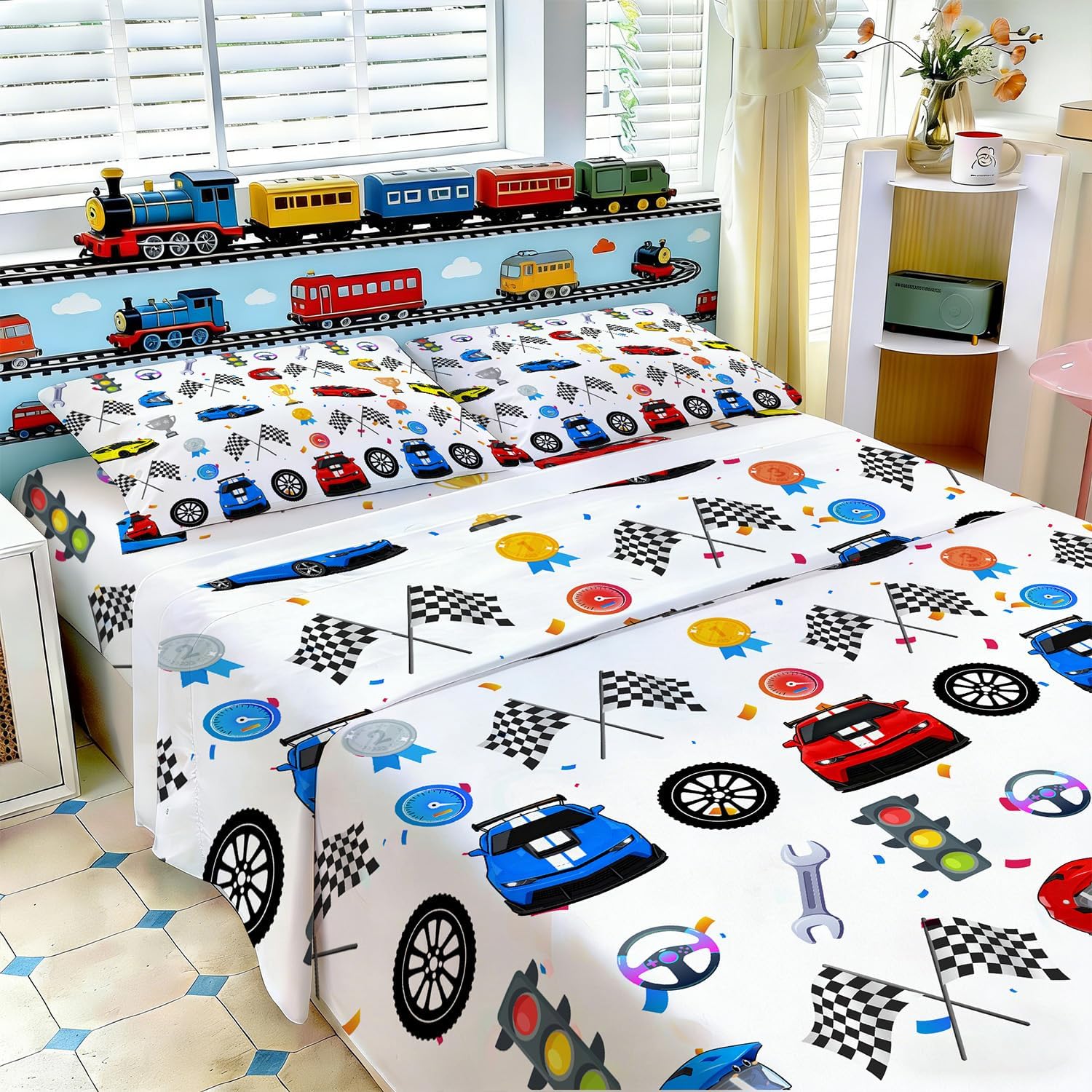 Yasida 4 Pieces Twin Sheets for Boys Train Railway Tracks Sheet Twin Kid Sheets Set Washable Soft Microfiber Fitted Flat Sheet