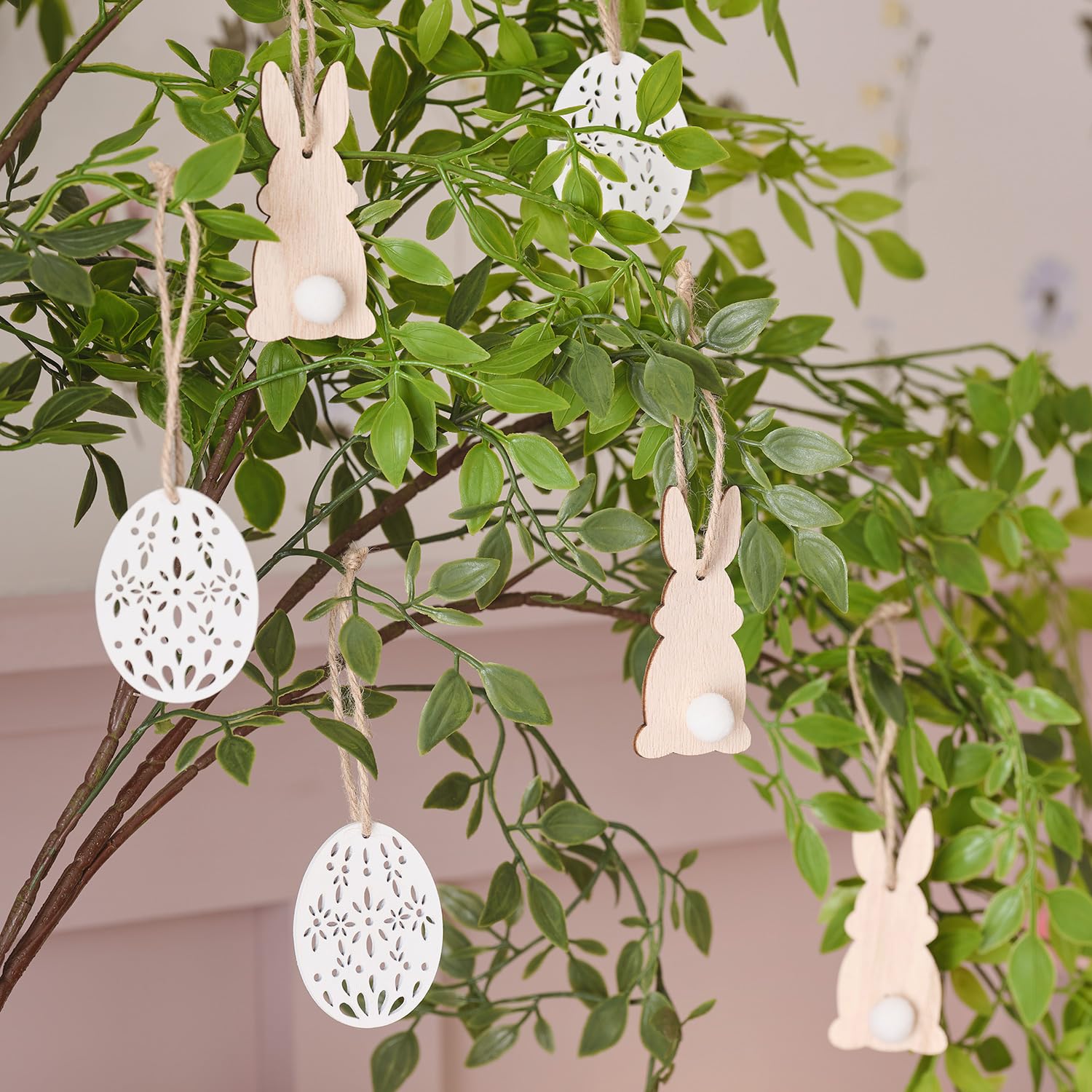 Lights4fun Set of 6 Wooden Easter Bunny and Egg Ornaments Twig Tree Hanging Decorations