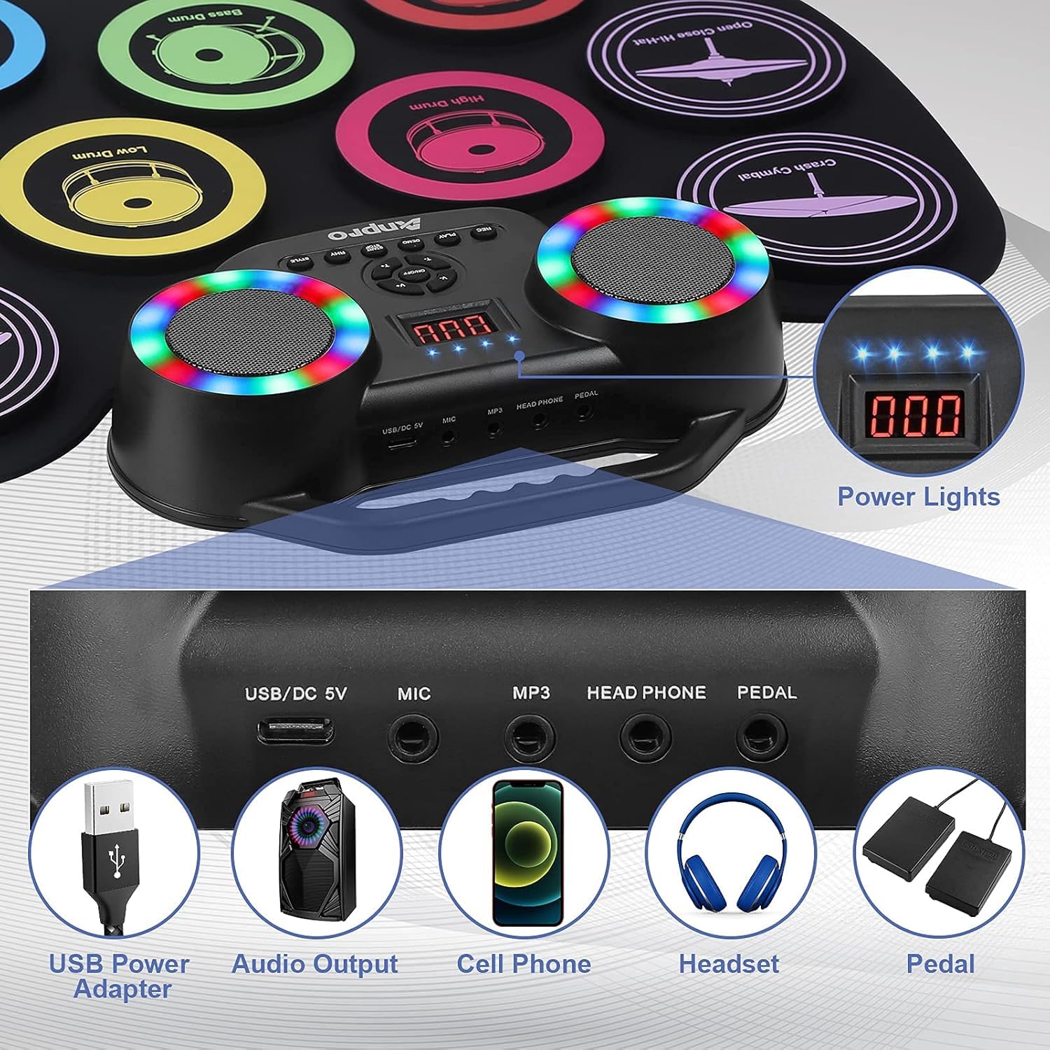 Anpro Batteria Elettronica Digitale Tamburo Set, 9 Drum Pads con 2 Bacchette Pedali, Schermo LED, Portatile Pieghevole