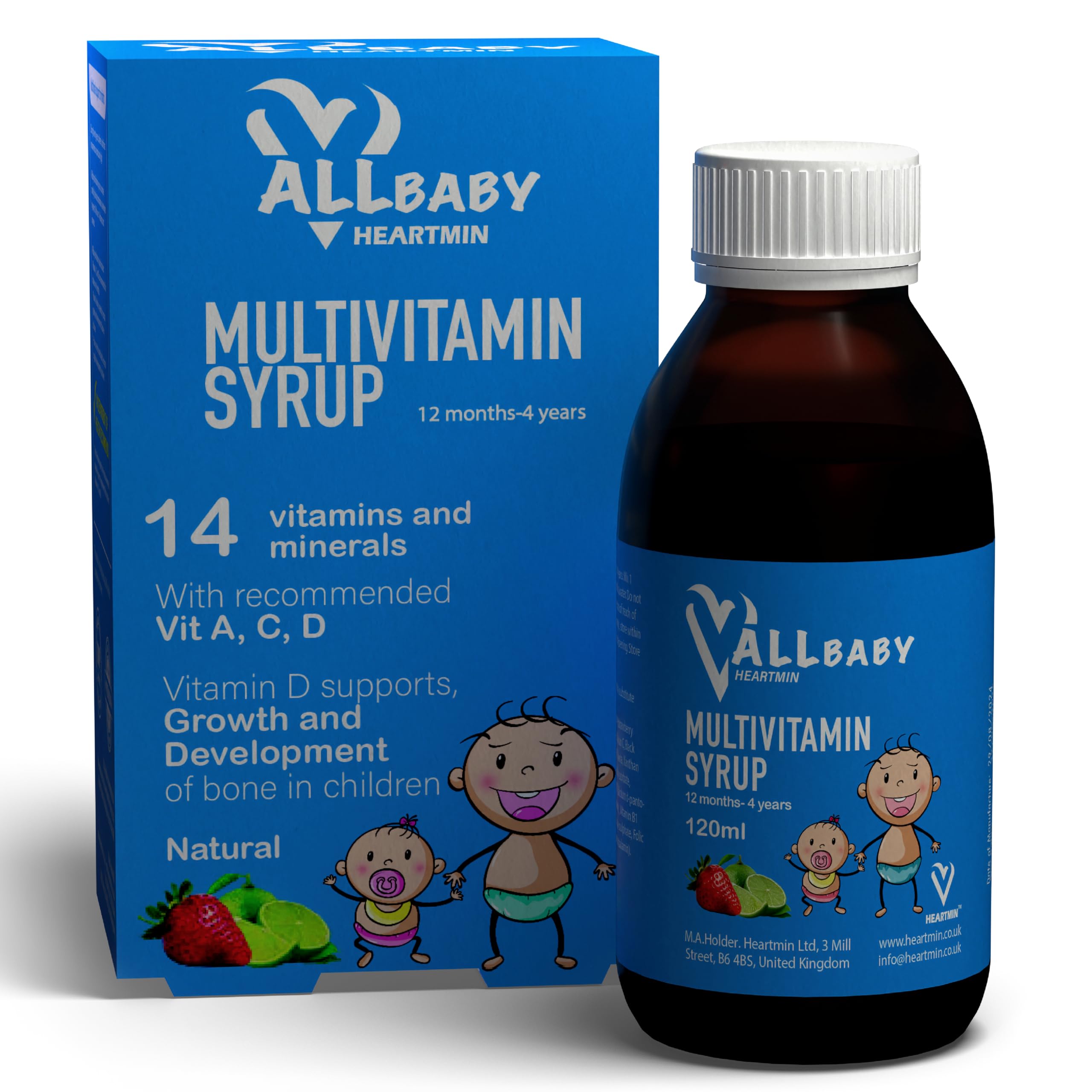 Multivit Syrup for Babies, Kids 1 Year to 4 Years multivitamins Liquid – 14 Essential Vitamins & Minerals for Healthy Growth Vitamin A, C, D, E, Zinc, Iron 120ml Heartmin