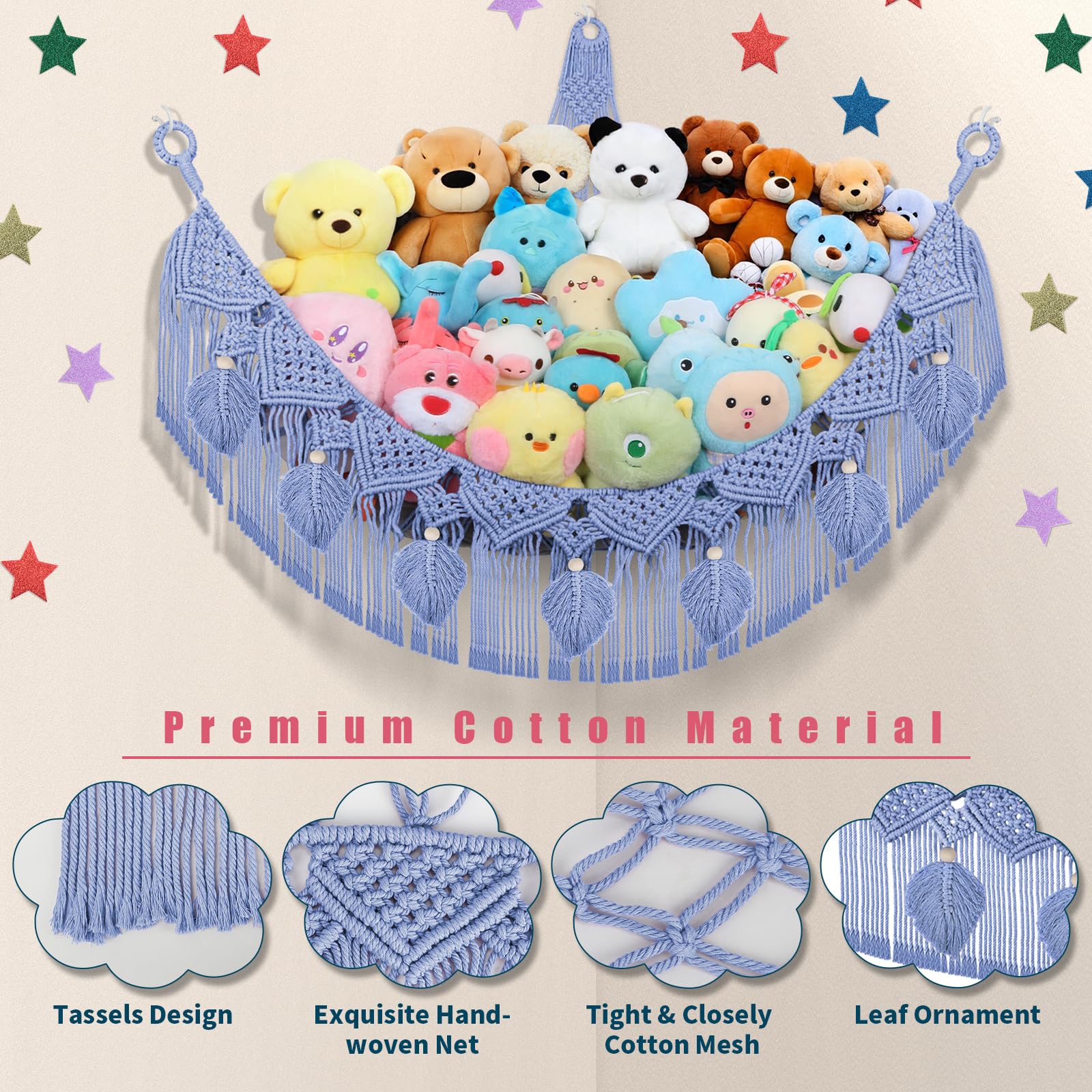 Stofftier-Hängematte, Boho-Blattquasten, Eckspielzeughalter, Wandmontage, Hängenetz-Organizer für Kinderzimmer, Dekoration, Plüschtiernetz mit Lichterkette für Jungen und Mädchen, Himmelblau