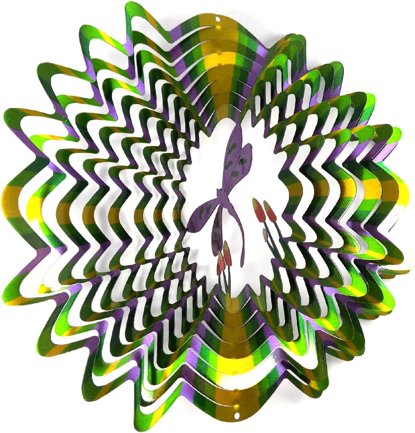 Whirligig 3D Wind Spinner Hand Painted Stainless Steel Twister Dragonfly (12 Inch, Multi Color Green Purple)
