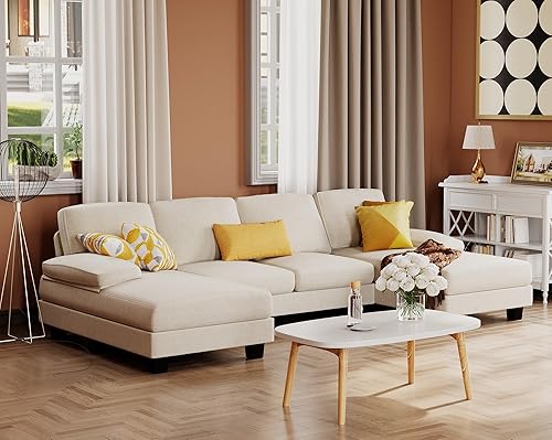 Vista 7 de Furmax Sofás Seccionales para Sala de Estar, Sofá en Forma de U con Tela de Lino, Juego de Sofá de 4 Asientos con Chaise Doble para Apartamento