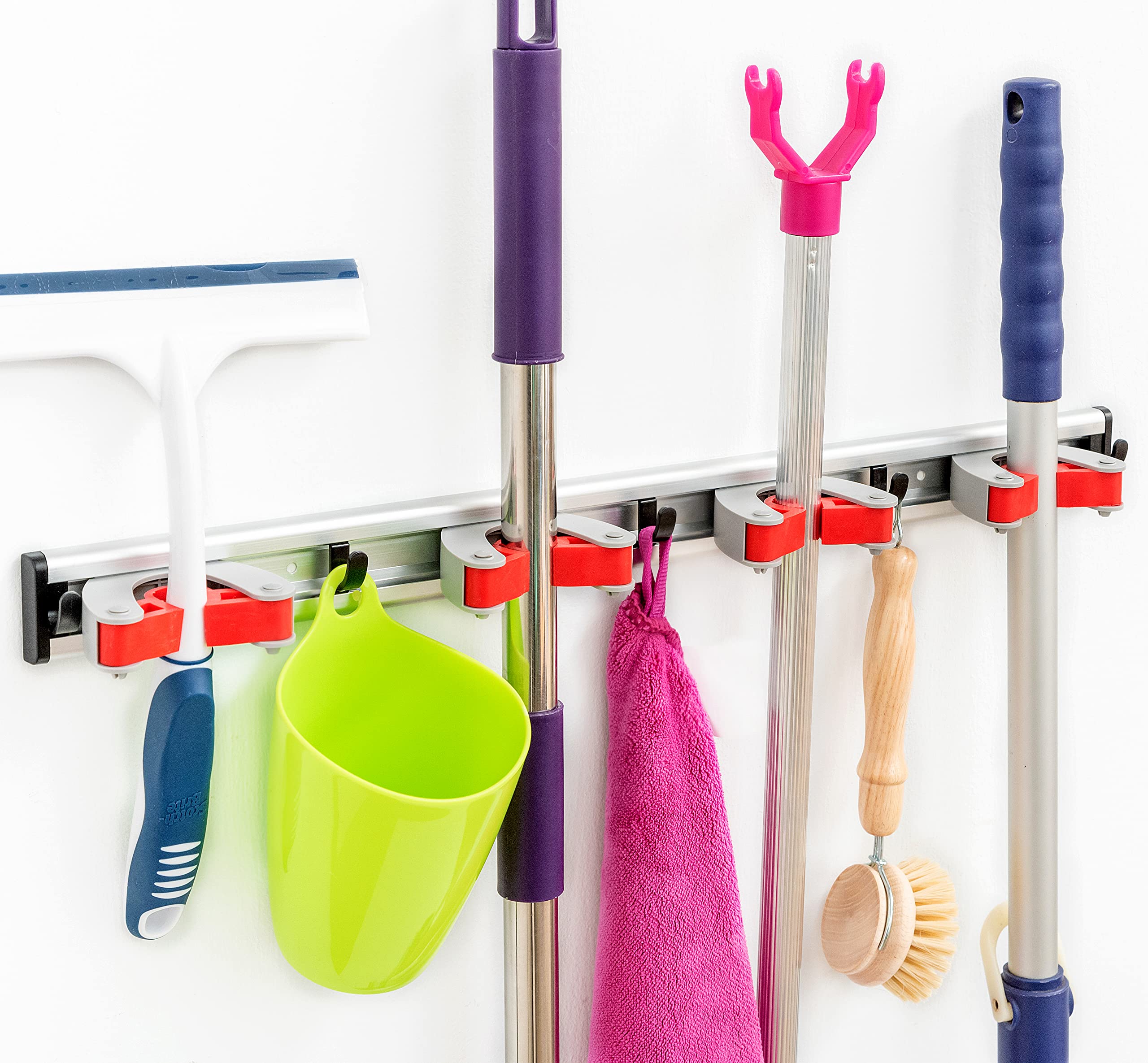 Buy 20" Broom Holder Wall 4 Sliding Broom Mop Holders and 5 Hooks