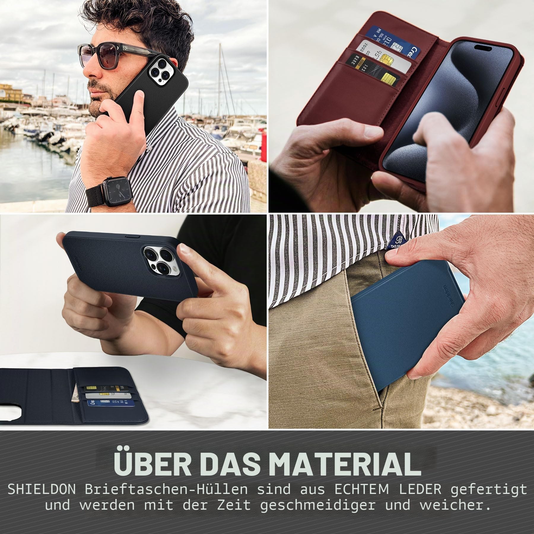 SHIELDON Rindsleder Hülle für iPhone 15 Pro 6,1" 2023 5G, Schwarz