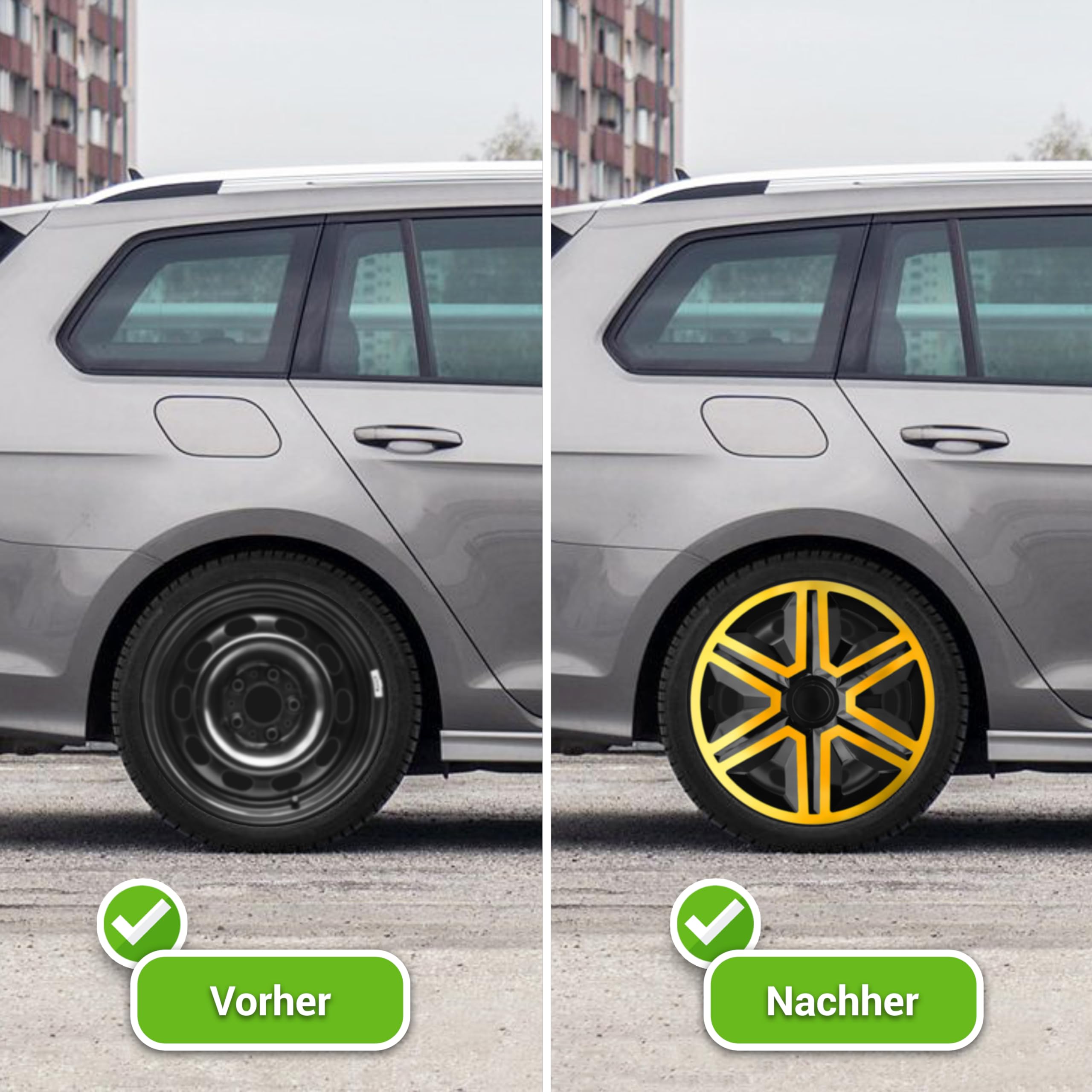 Radkappen 15 Zoll Radzierblenden 4er Set passend für alle Stahlfelgen - Einstellbarer Sicherungsring - Schwarz Gold