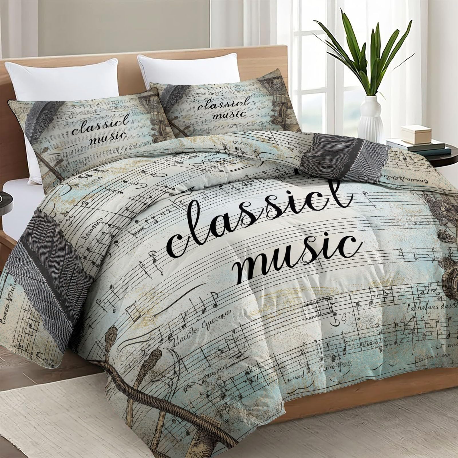 Coverless - Piumone reversibile con note musicali e strumenti musicali, 200 x 200 cm, stampato, matrimoniale, 4,5 tog, per tutte le stagioni, stile retrò, elegante, trapuntato, anallergico, grigio blu