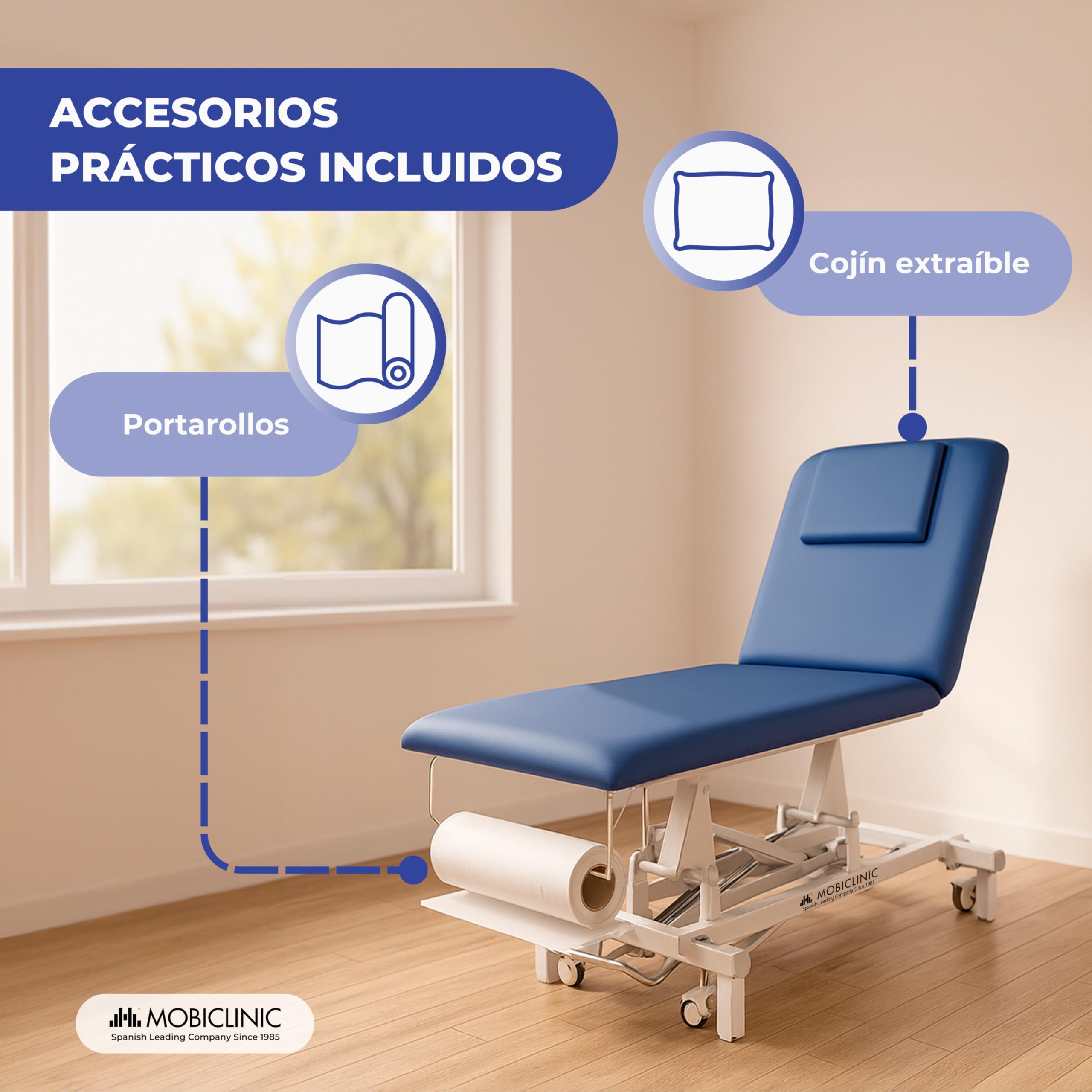 Mobiclinic®, Camilla Hidráulica Dos Cuerpos, Ajustable en Altura, 180 Kg | Respaldo Reclinable, 194 x 70 x 83 cm, Ruedas Escamoteables, Agujero Facial, Portarrollos, Profesional, Masaje, Estética