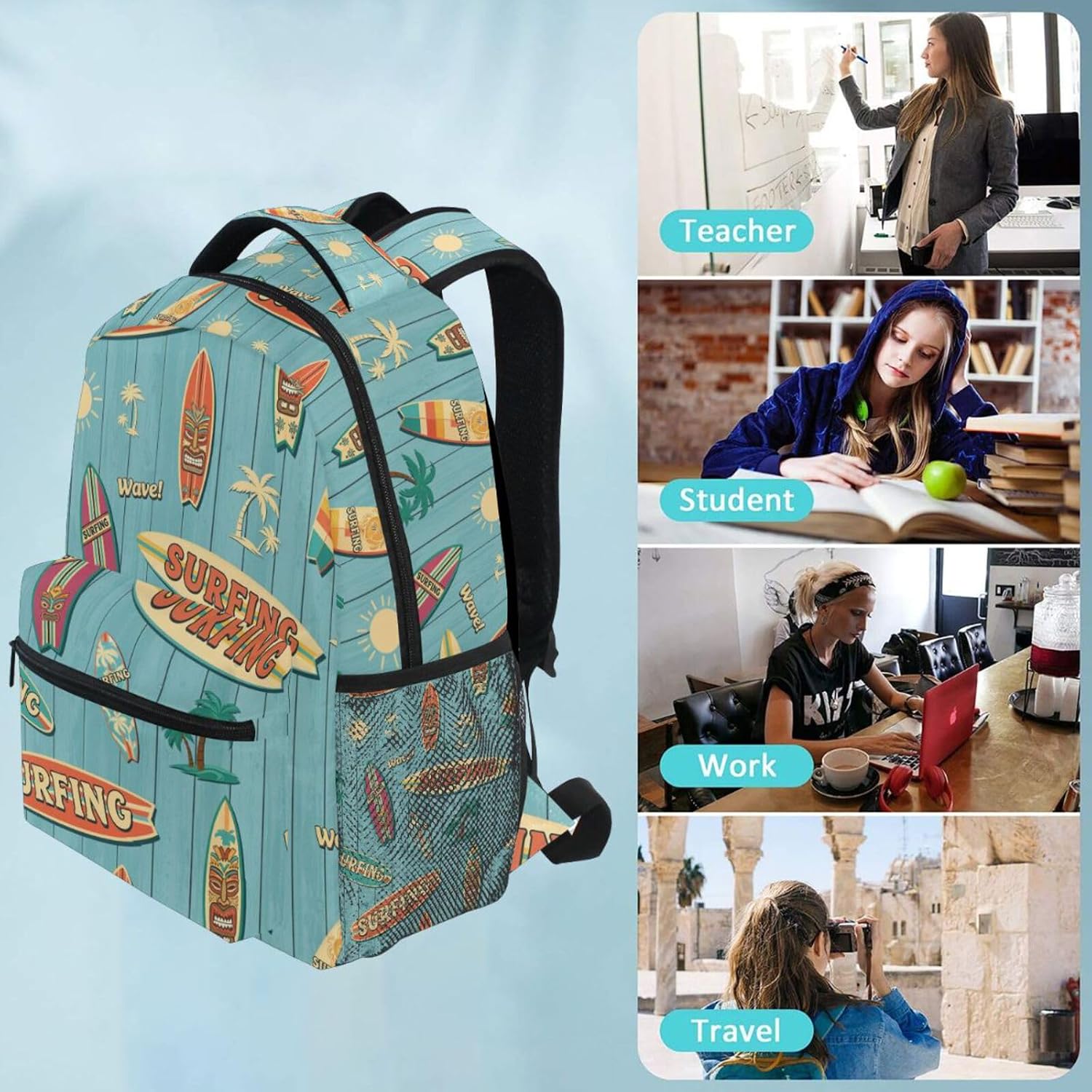 QUGRL Surfing Theme Boards School Backpack for Girls Boys Summer Large Bookbag Laptop Computer Bag Casual Hiking Travel Daypack Backpack Schoolbag for Teens College 16 Inch
