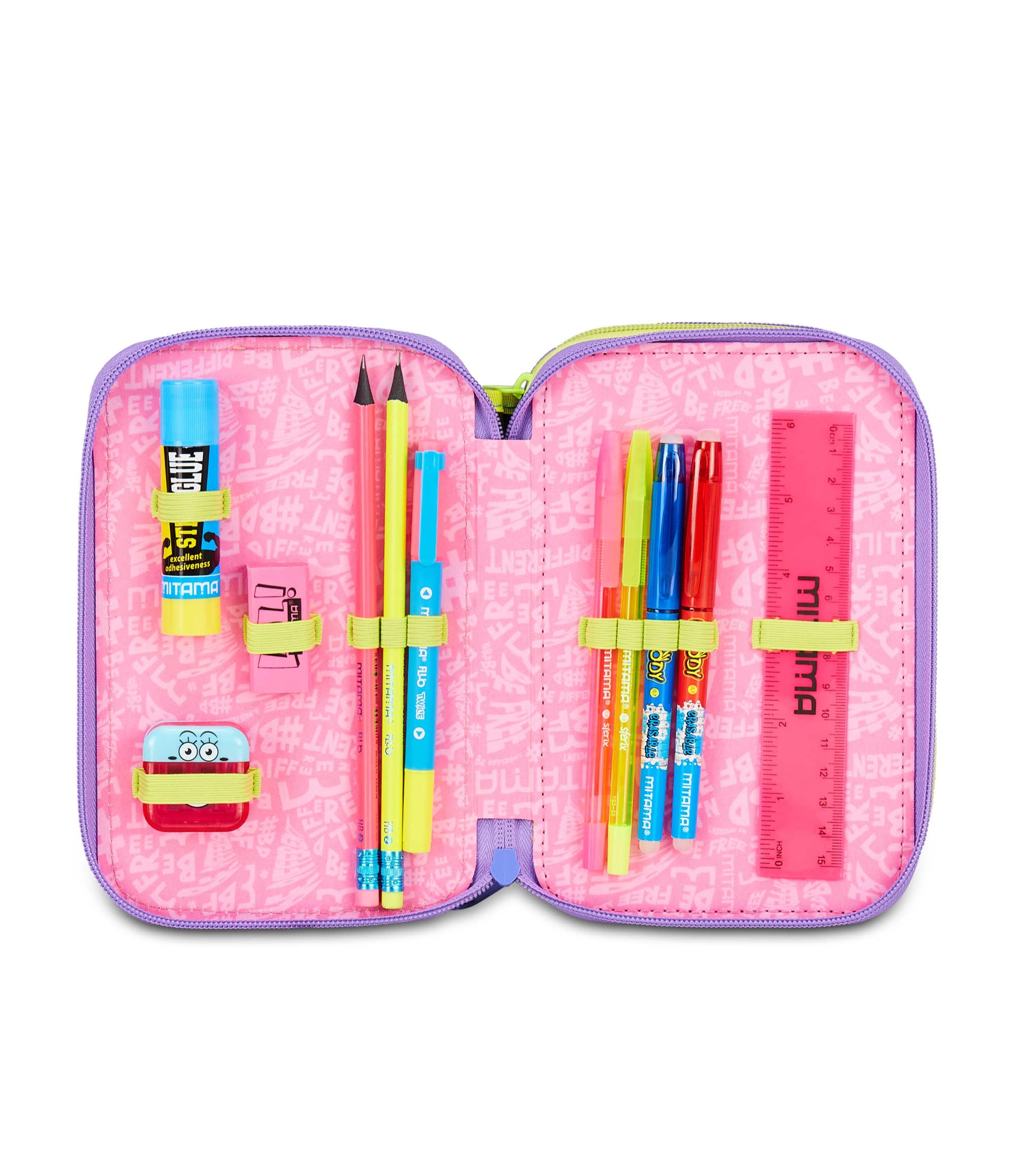 Mitama Astuccio Scuola 3 Scomparti, TRIPLO MUSIC STICKER, Contenuto 47 pz, Completo di Matite, Pennarelli, Portapenne Scuola Elementare Bambina