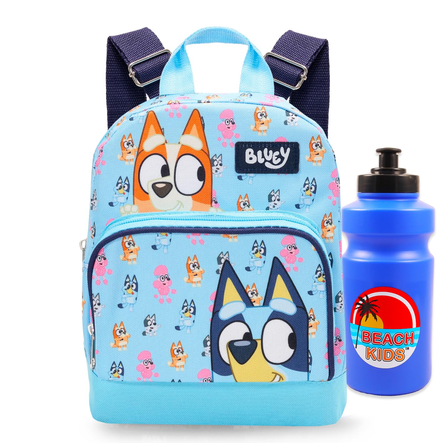 Bluey Mini Backpack - 10" Iconic Woven Small Backpack with Front Pocket and Bottle Bundle | Adjusts to Fit Kids, Toddlers, Teens, Adults, Boys, Girls