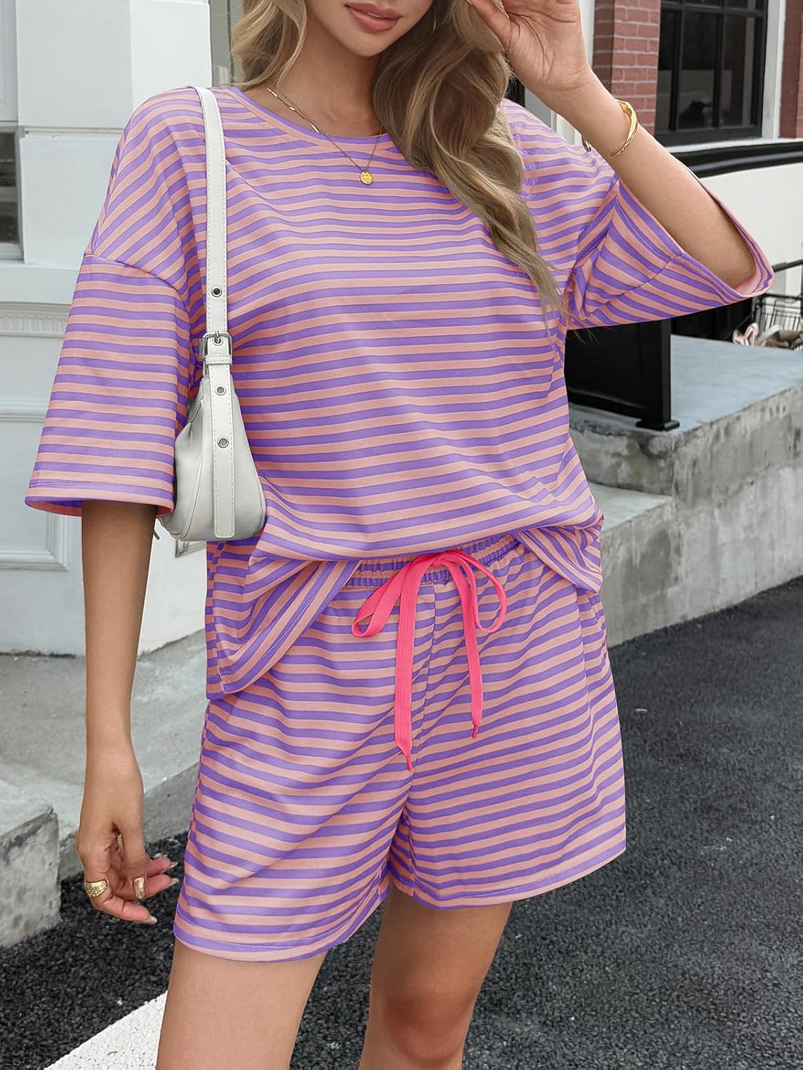 Fisoew Womens Striped 2 Piece Outfits Sweatsuits 3/4 Sleeve Oversized Tops High Waisted Shorts Casual Lounge Sets