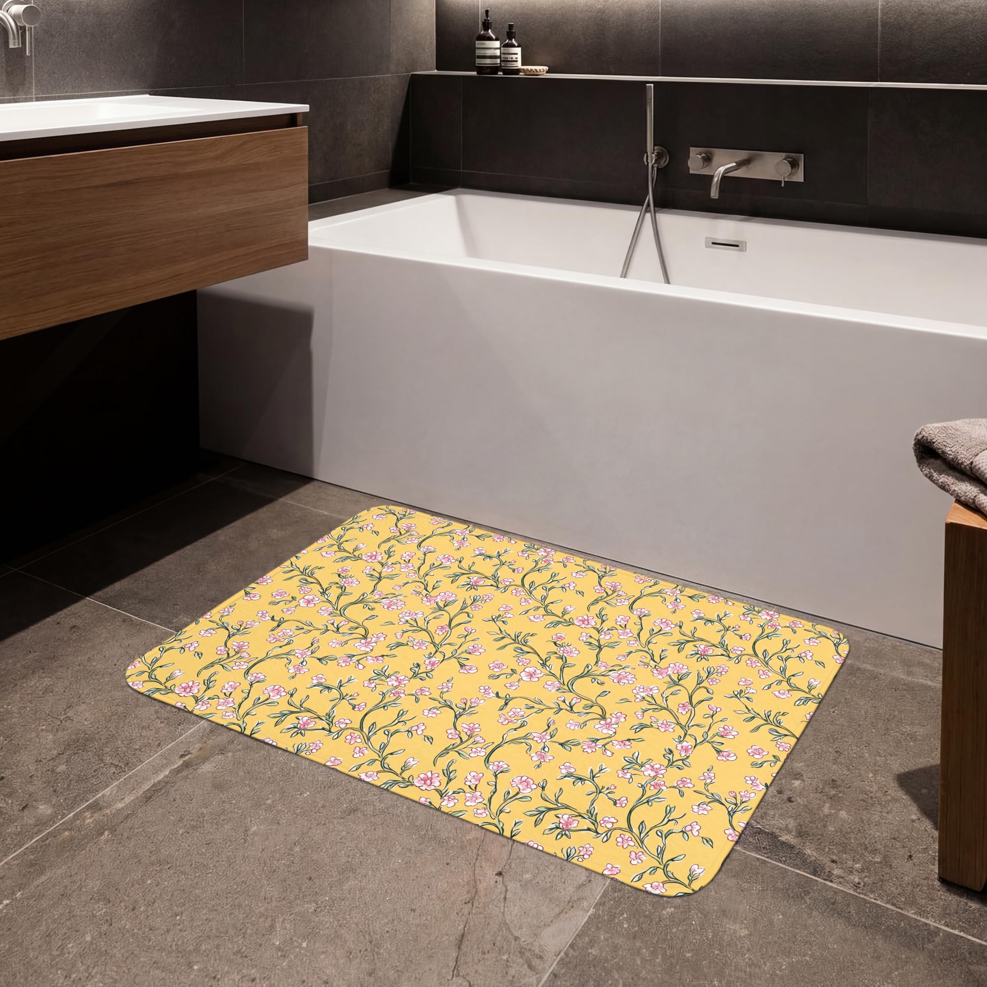 Tappeti Bagno Rettangolare 90x60 cm Tappetino Doccia Assorbente Bath Mat Decorazioni Memory Foam Tappeto Lavabile Moderni Fiori - Motivo - Giallo