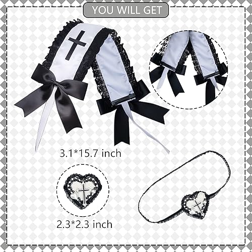 Miniatura 3 de LaVenty Diadema de Lolita y collar de lazo, 2 diademas de sirvienta con gargantilla de encaje, accesorios para el cabello de cinta blanca para