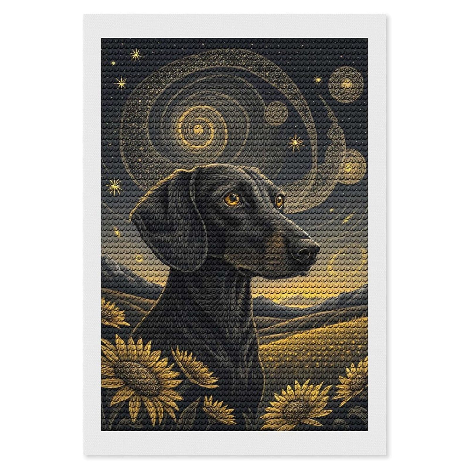 Junmoney Dachshund in A Starry Field Round Drill Diamond Painting 8"x12", Satisfying Creative Project, Complete Accessories, Printed Canvas