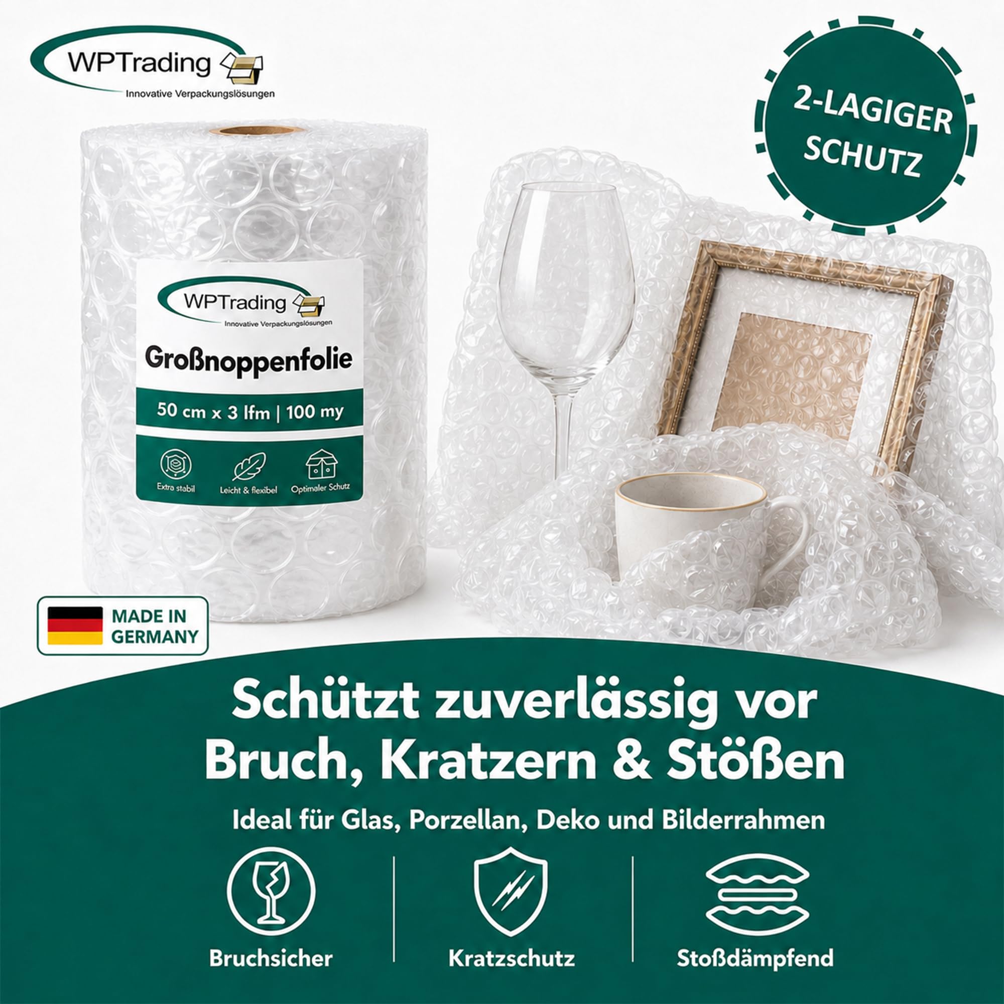 8 x Rolle Großnoppenfolie 50 cm x 3 m (2-lagige mit 100 my) - Noppenfolie 50cm breit mit Noppenhöhe 12 mm - Extra Stoßdämpfende Luftpolster- & Verpackungsfolie reißfest Versand & Umzug
