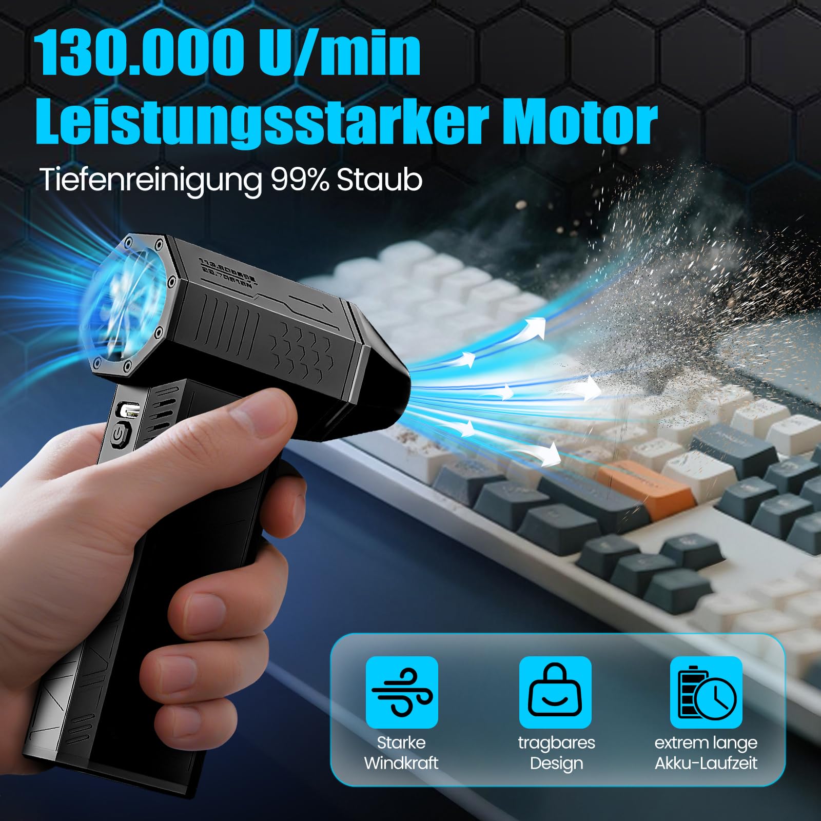 Compresor de Aire Eléctrico 130000 RPM, Soplador de Aire Potente Portátil con 3 Velocidades, Pistola de Aire Comprimido para Limpieza de PC, Portátil, Coche, Oficina y Sofá