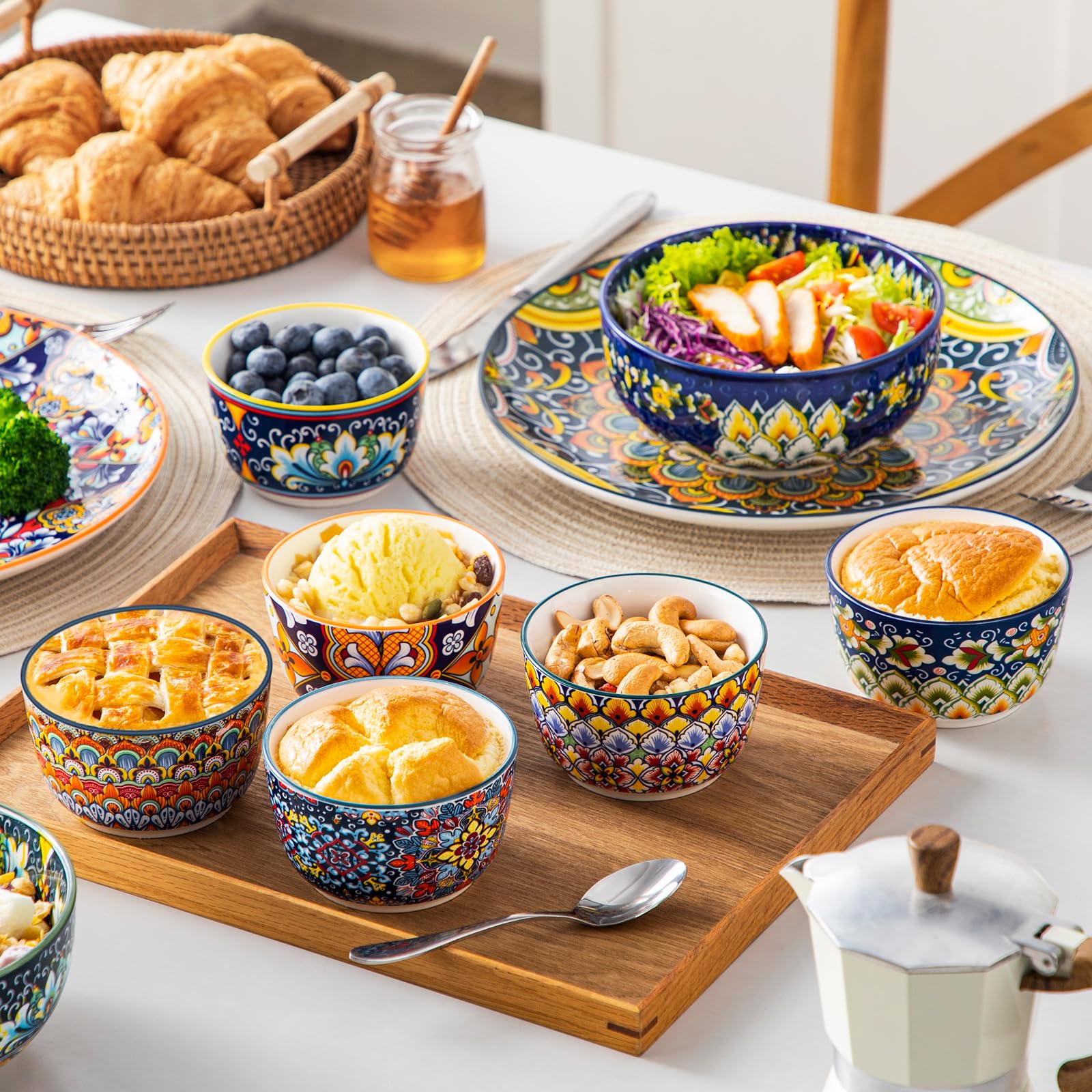 vancasso Creme Brulee Schälchen 240ml, SIMI Souffle Förmchen Backofenfest, Ofenfeste Förmchen 6er Set, Creme Brulee Schalen, Keramik Ramekins für Ragout Fin Schalen, Vibrant Bohemian Mini Auflaufform