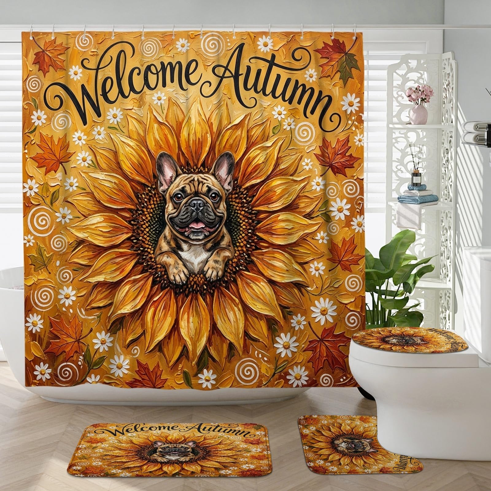 Rideau de douche bouledogue 183x183 cm anti-éclaboussures avec tapis de bain absorbants