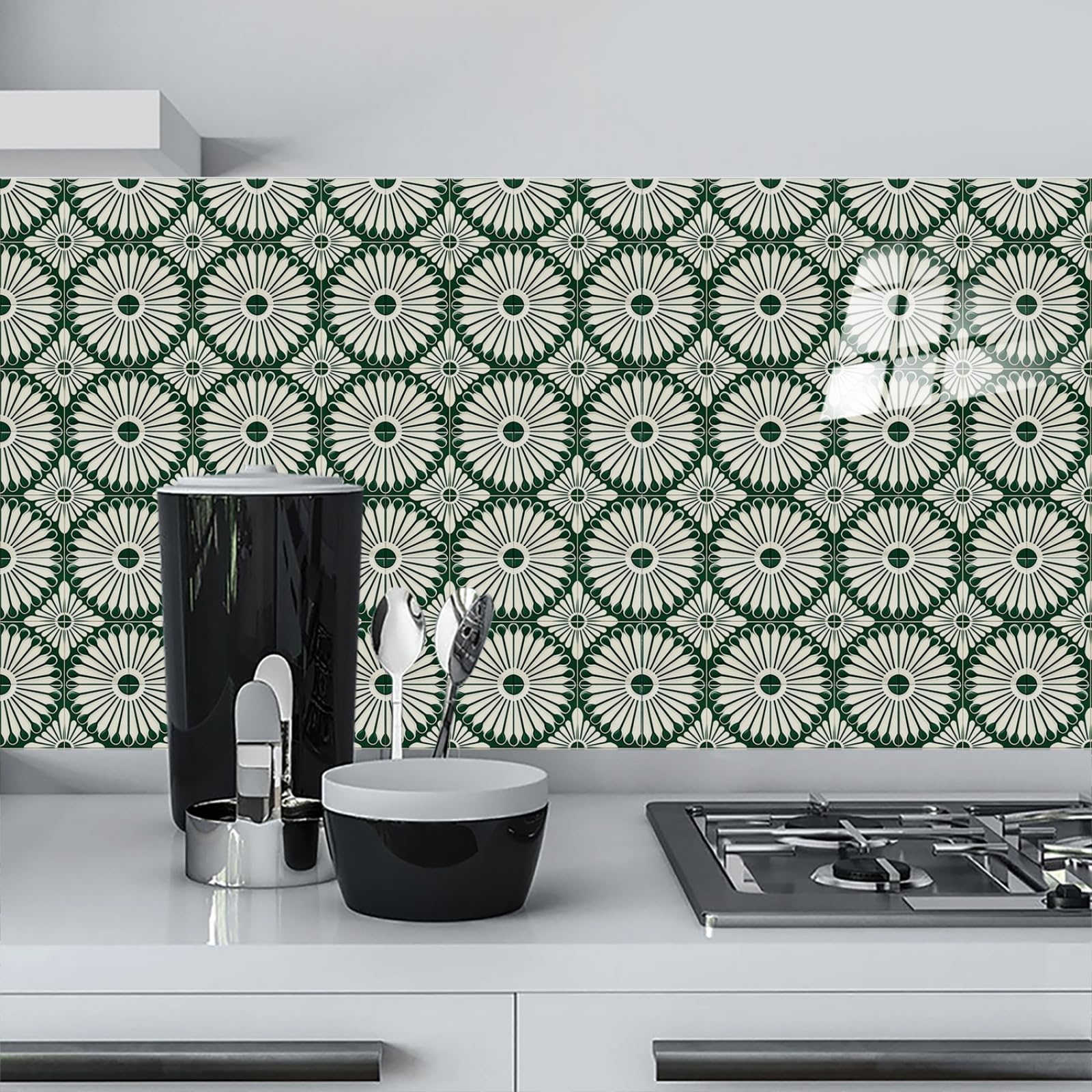 Stick on Tiles Green Beige Mandala Tile Stickers for Bathroom Kitchen Backsplash Waterproof Tile Covers for Fireplace Surround Cabinet Furniture Stick on Kitchen Tiles 10x10 cm/10 pcs
