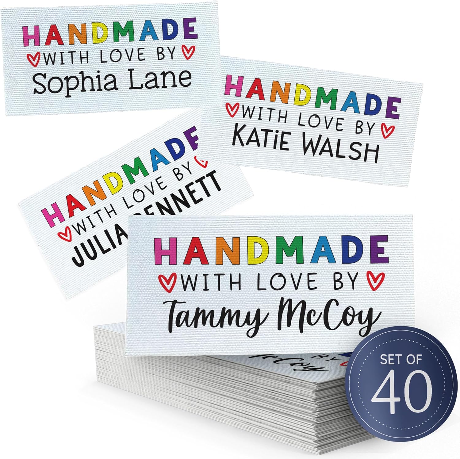 Custom Cotton Fabric Tags, 1”x2”, Set of 40 – Sew On or Iron On | Personalized Sewing Labels – – Ideal for Quilters, Knitters, and Crafters – Machine Washable - Rainbow Handmade