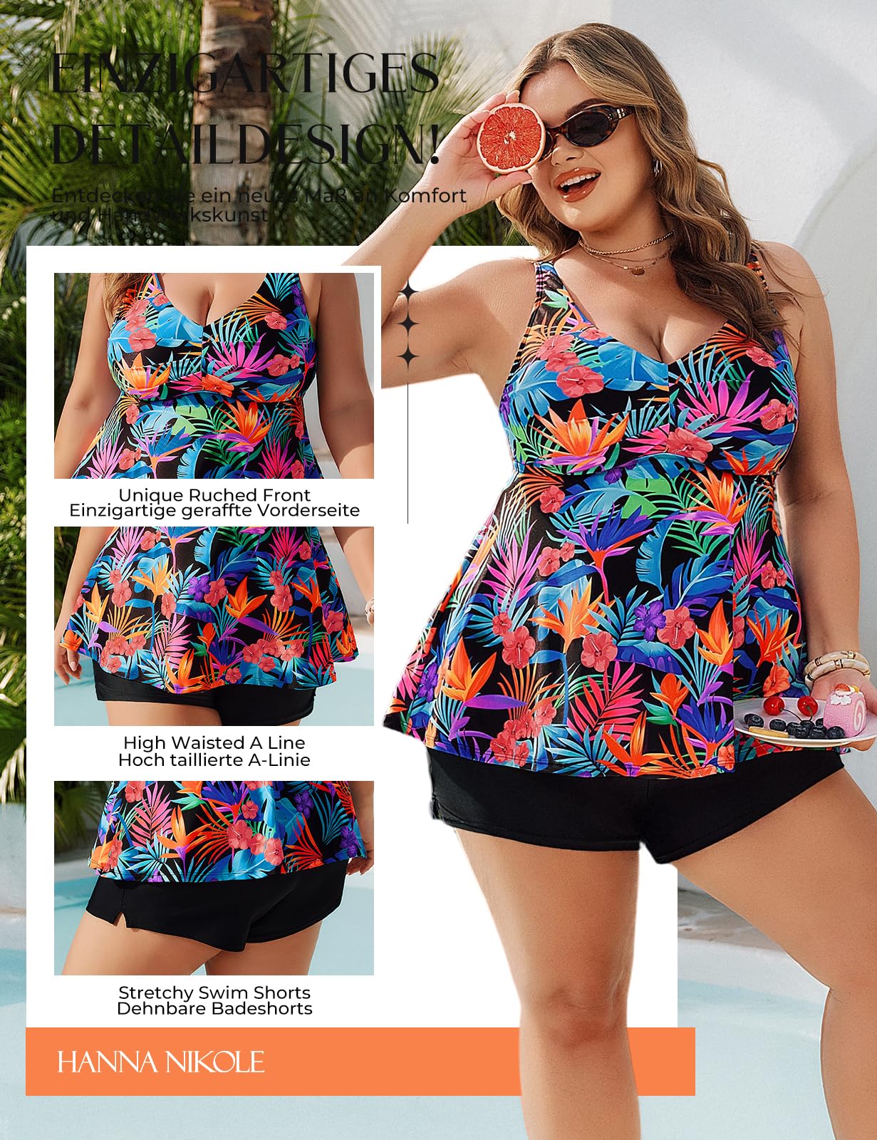 Hanna Nikole Tankini pour femme - Grandes tailles - Taille haute - Deux pièces - Maillot de bain ventre plat - Short de bain avec poches