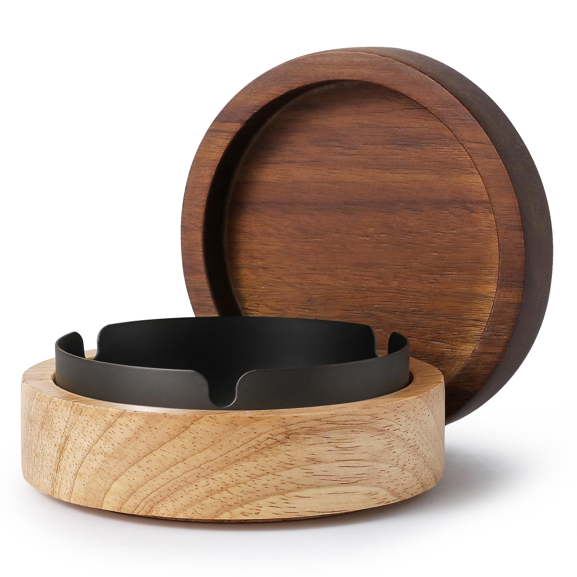 Wooden Ashtray with Lid for Smokers Stainless Steel Liner Ash Tray Windproof Durable Easy to Clean Cool Ashtrays for Indoor or Outdoor Use, Patio, Office & Home（Large)
