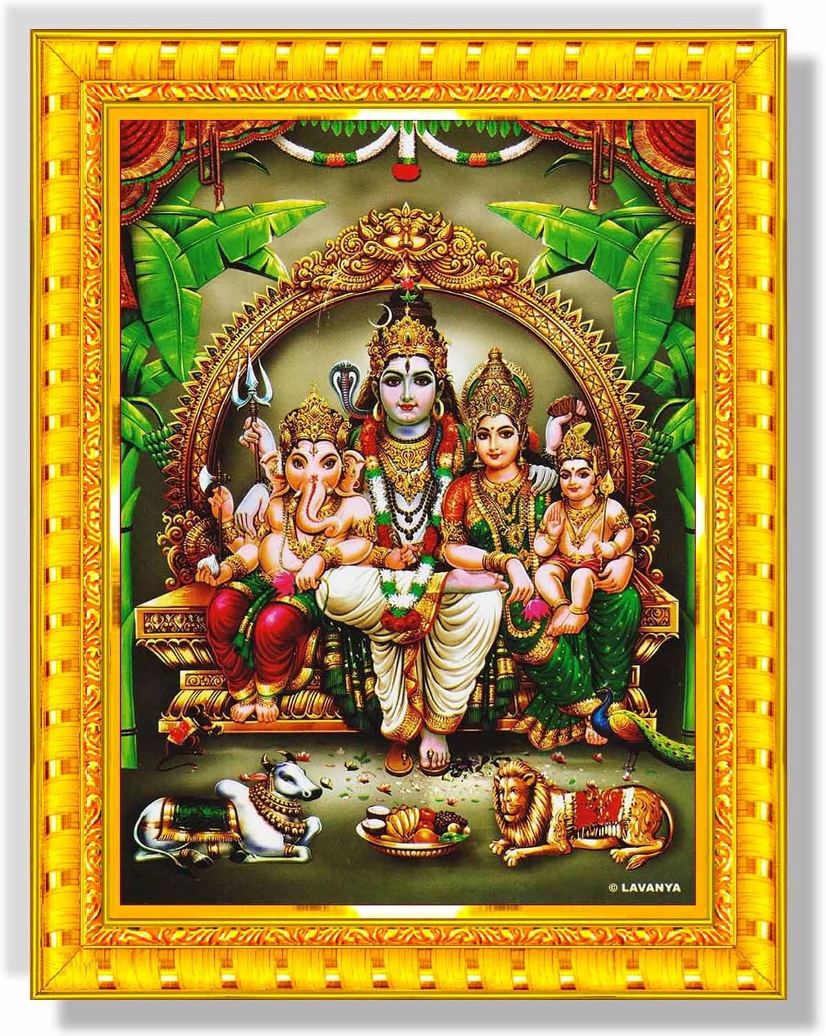 Pavan Photo Laminations Shiv Parivar Family Siva Parvati Lord Shiva Wall Painting Framed Home Decor (Wood,Matte,Gold,Big Size,10 x 12 Inch) R147M